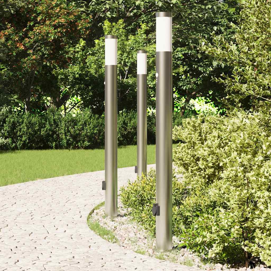 Pollerleuchten aus Edelstahl 110 cm mit PIR-Bewegungssensor, integrierter Steckdose, IP44 Schutz, 3er Set für Garten, Terrasse, Außenbeleuchtung und energiesparende Lichtlösung