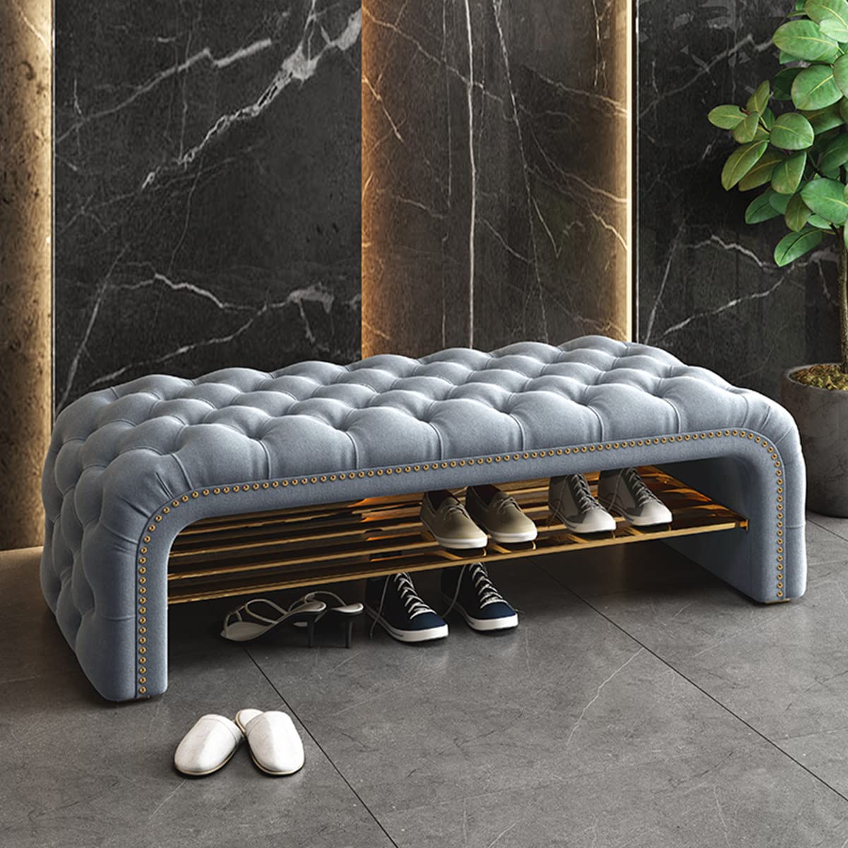 Banc d'entrée en velours capitonné 100cm pour organiser vos chaussures et vous asseoir