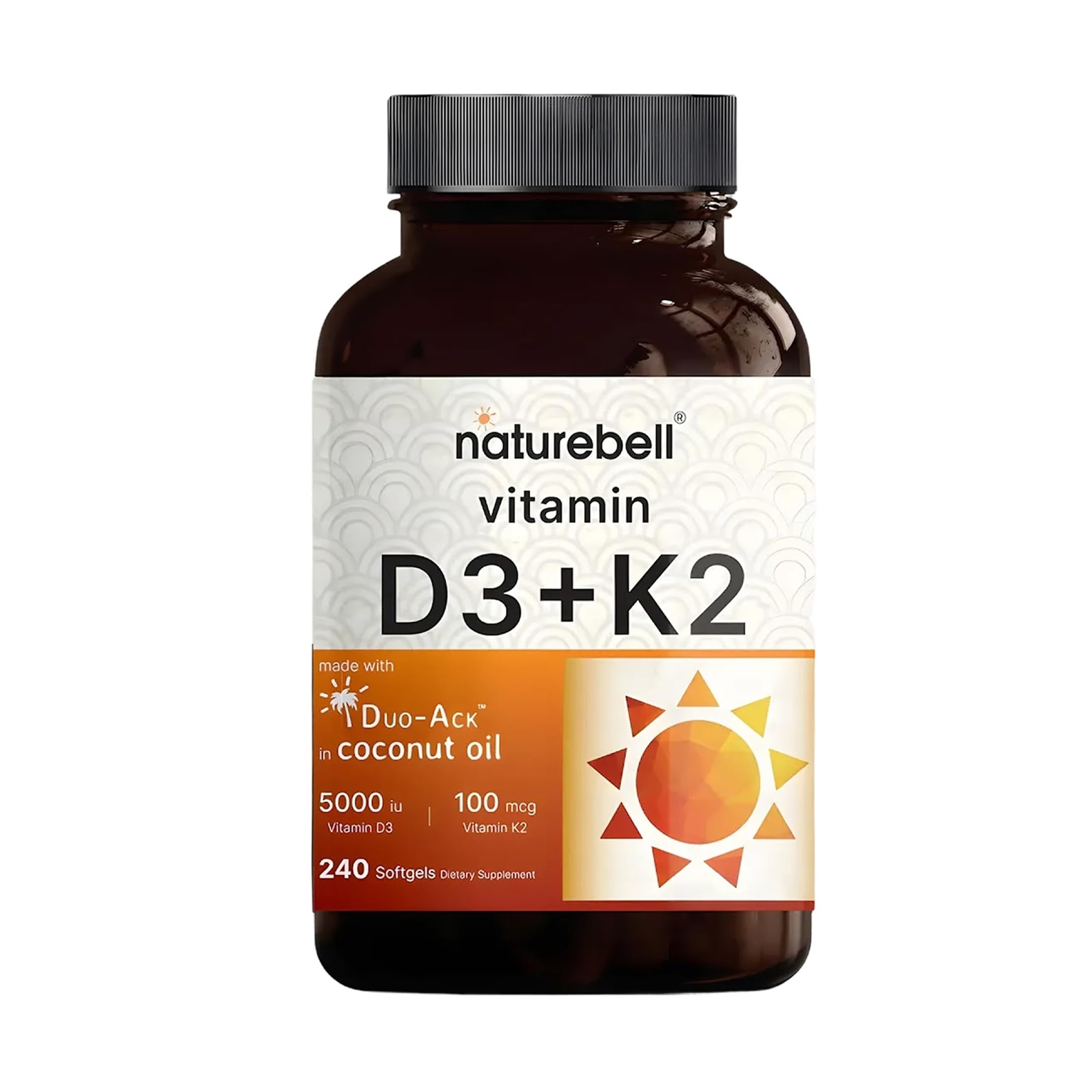Vitamin D3 K2 (MK7) with Virgin Coconut Oil, 240 Softgels, Vitamin D3 5000 IU & K2 MK7 100mcg, 2 in 1 Support, Duo-Ack | 8 Months Supply | Third Party Tested, Non GMO & No Gluten