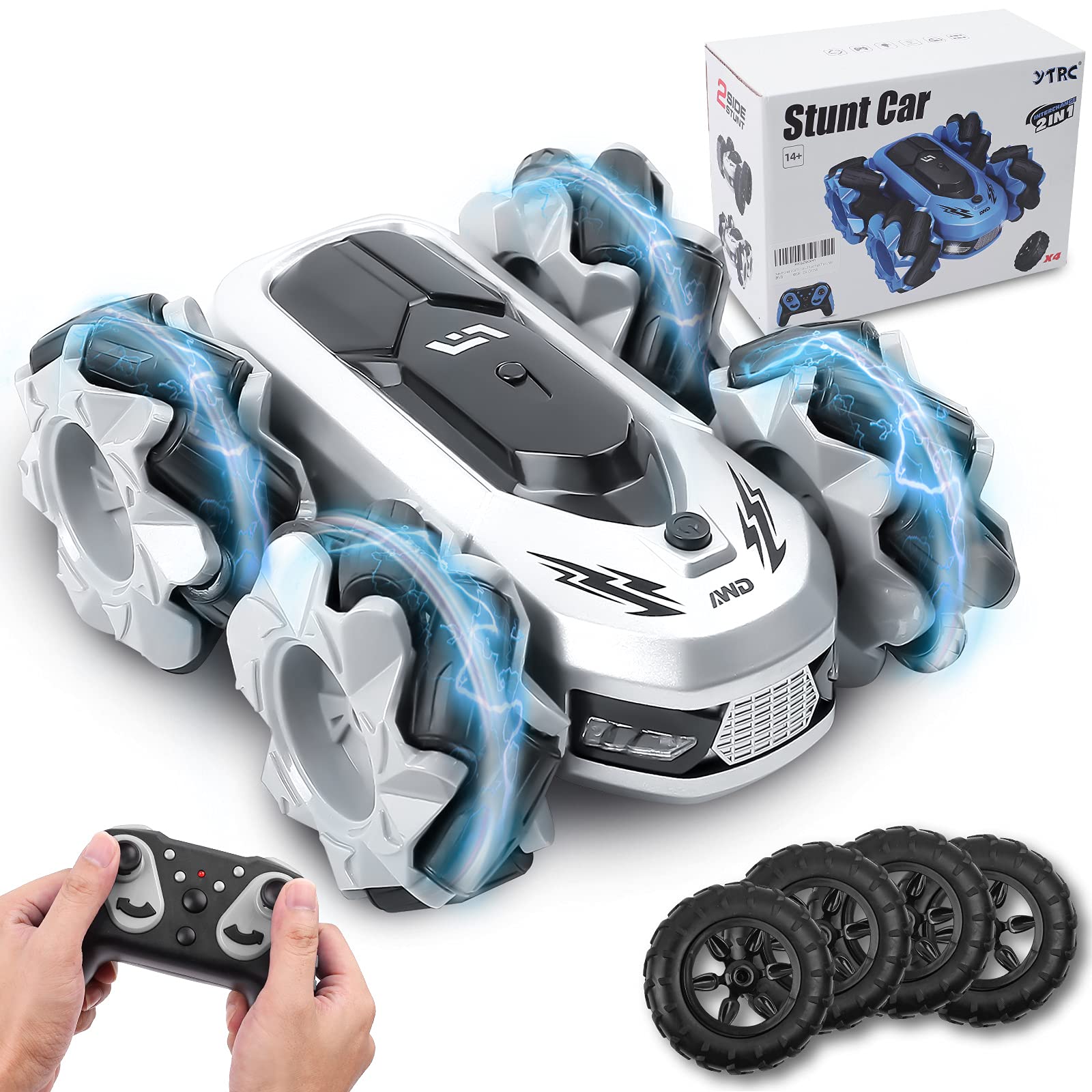 Cyiecw Remote Control Car, RC Cars Race Sunt Car, 2.4GHz, 4WD, 360° Rotation, Sideways Drift Double Sided Rotating Vehicles, High Speed Off Road for Boy Kids RC Car Toy (White)