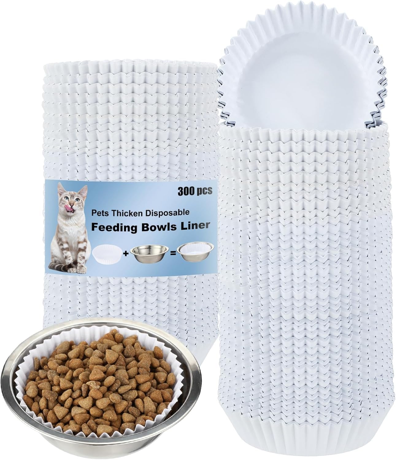 300 Pack Disposable Coated Paper Pet Bowl Liners, 4×1.2 Inch White Feeding Dish Inserts for Small Cats Dogs Dry Wet Food