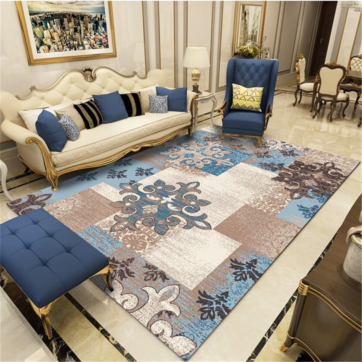 Tapis de couloir 80x200cm motif plantes bleues moderne pour salle à manger