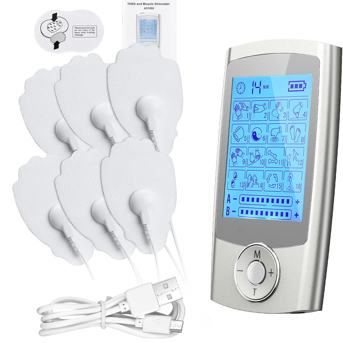 JUMPER TENS Professionale Elettrostimolatore Muscolare, Dispositivo di Terapia Ricaricabile, 16 Modalità di Dolore, 20 Livelli di Intensità per 2 Utenti, TENS per la Riduzione del Dolore (argento)