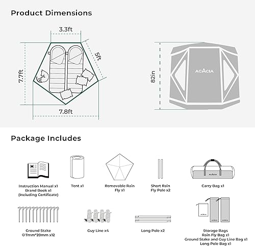 Miniatura 3 de Tienda de campaña Space Acacia, tienda de campaña desplegable para 2-3 personas para acampar con altura de 6 pies 10 pulgadas, 1 puerta, 8 ventanas,