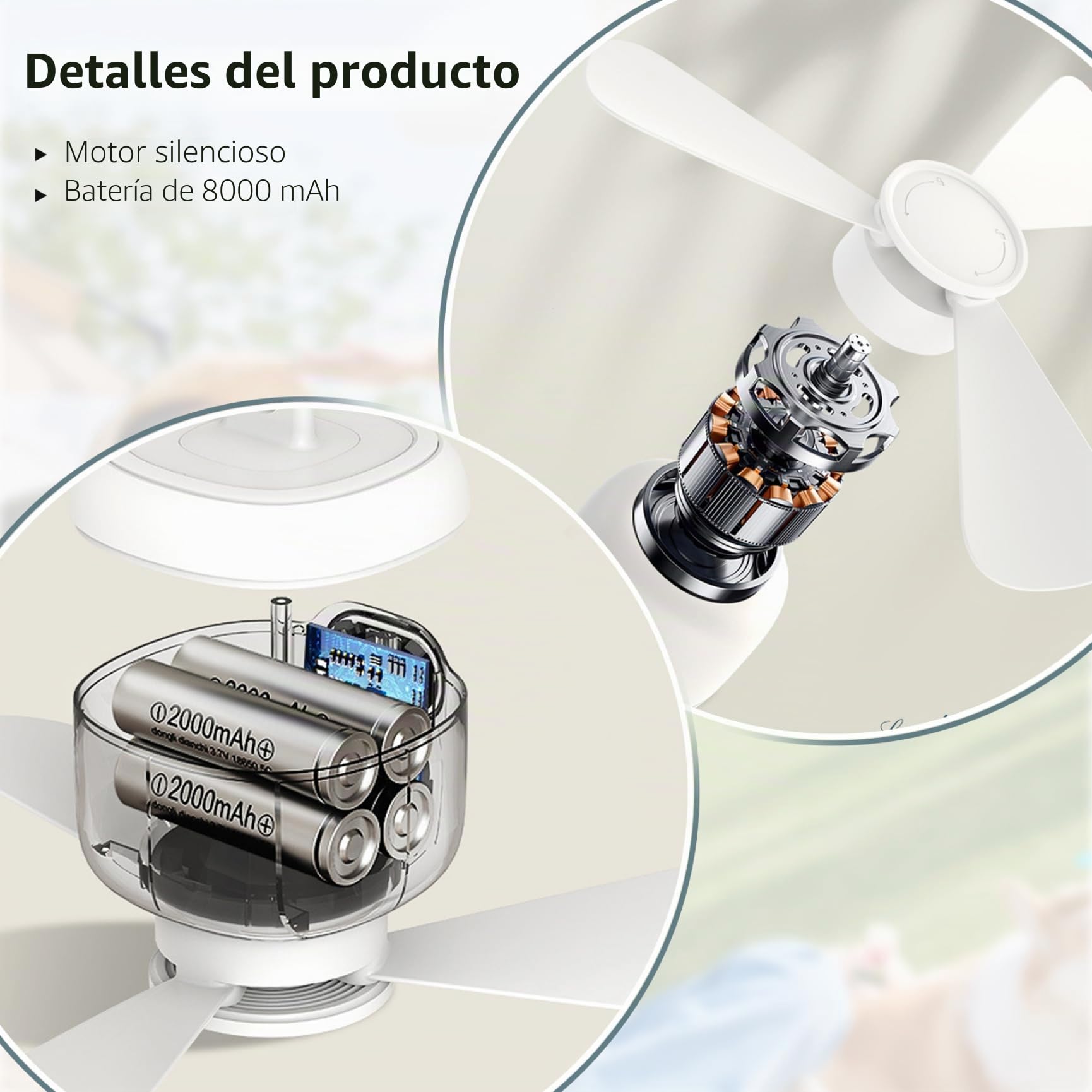 Ventilador de Techo portátil, 8000 mAh, con Dosel Colgante, Control Remoto y 3 velocidades, Recargable y Desmontable. Imprescindible para el Verano, Ideal para Exteriores e Interiores.