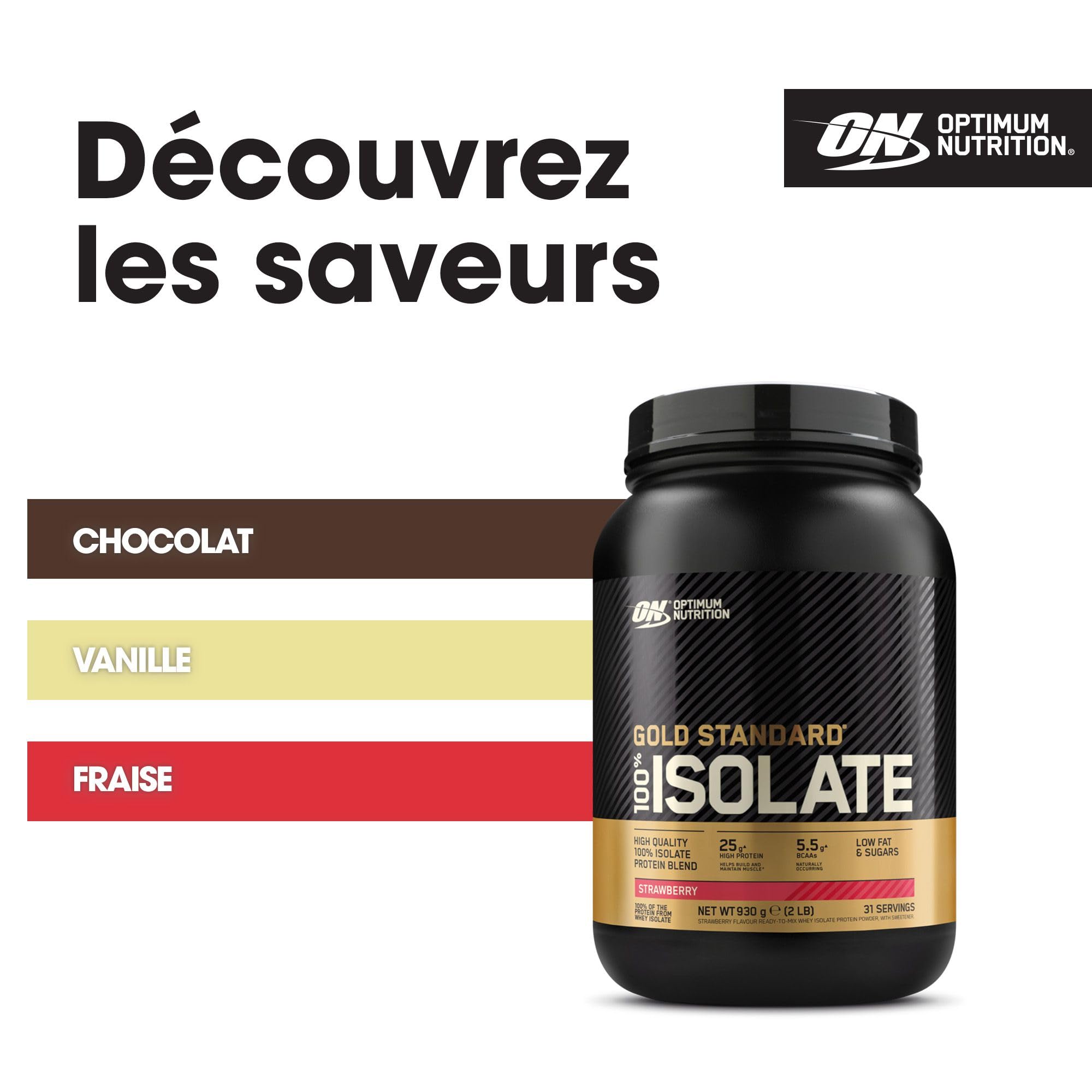 Optimum Nutrition ON Gold Standard 100% Isolate Pure Whey Protéine, BCAAs et Glutamine d'Origine Naturelle, Avant et Après Entraînement, Saveur Fraise, 31 Portions, 930 g