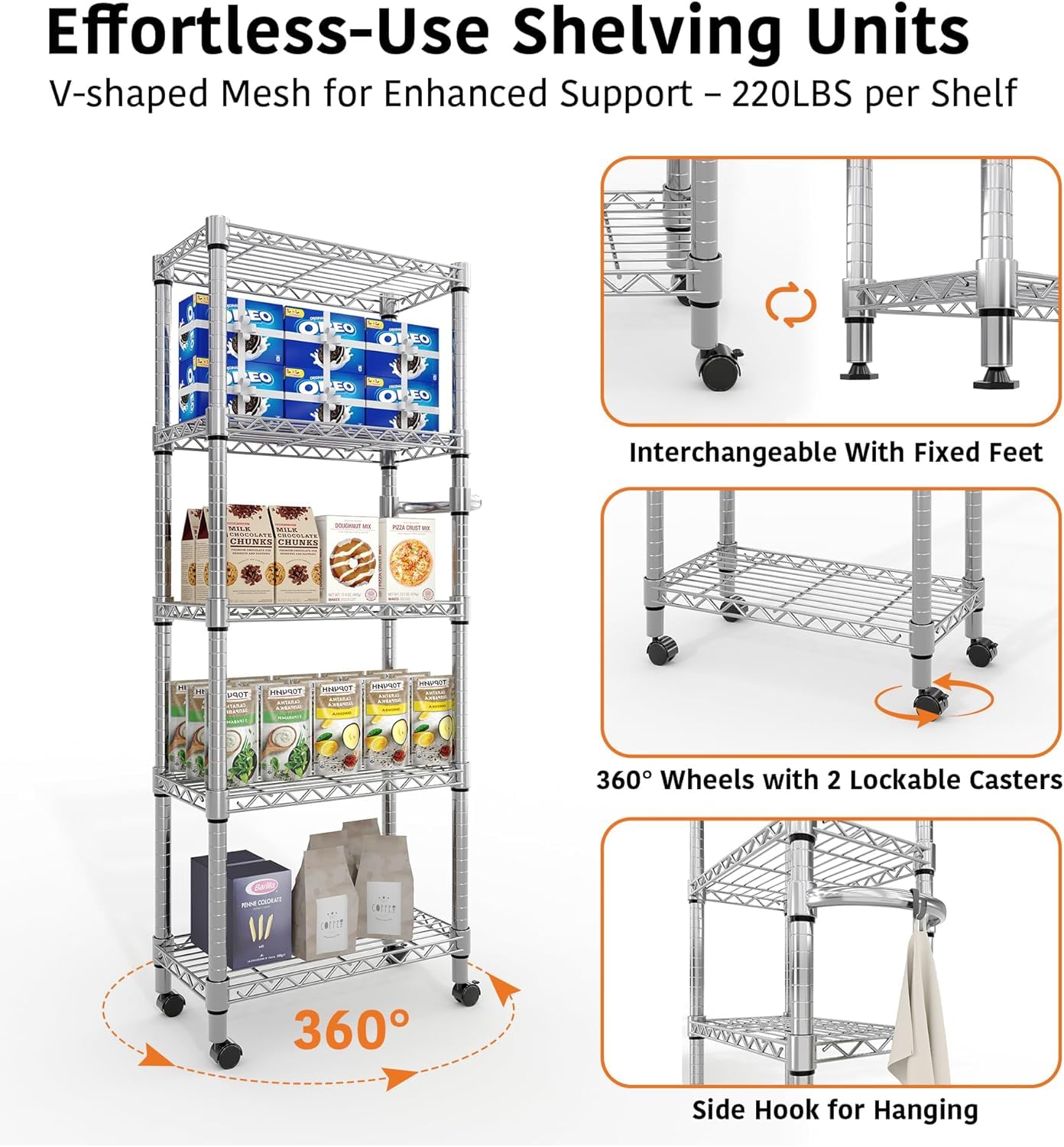 500 kg, regał magazynowy z drutu metalowego, regał do dużych obciążeń z bocznym uchwytem i kółkami, 5 regulowanych regałów magazynowych 30 x 60 x 155 cm, każdy udźwig do 100 kg do domu, garażu, kuchni