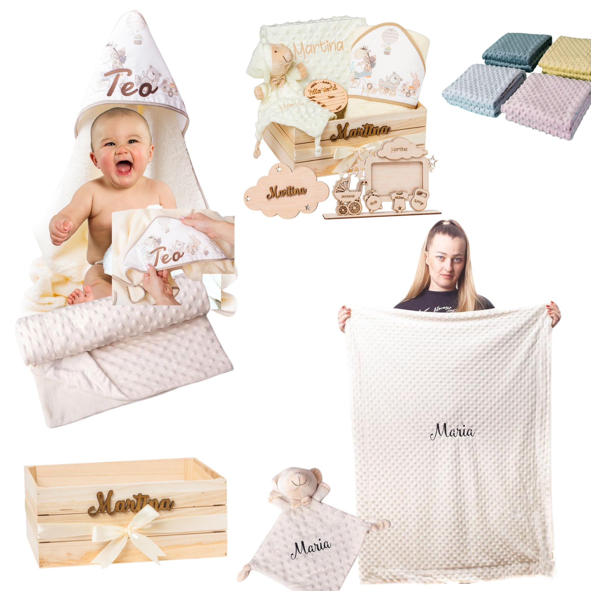 Regalo para Bebé Recién Nacido Niño o Niña | Cesta con Manta, DouDou, Capa de Baño, Nube Decorativa y Marco|Canastilla Embarazo,Bautizo,Hospital y Baby Shower | Nombre en Madera | Olesea (Beige) — view 7