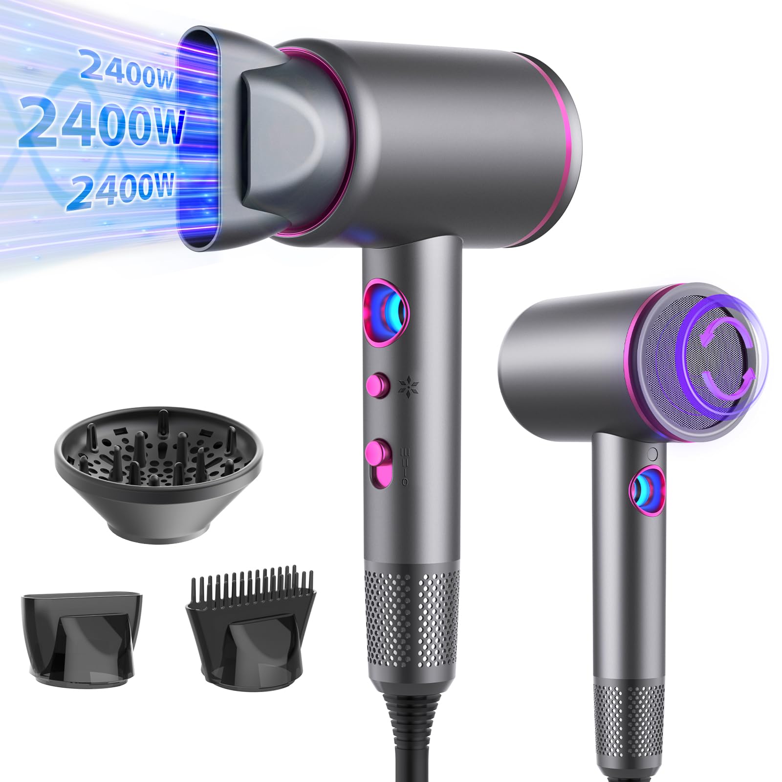 Unipampa Secador De Pelo Profesional, Secador Pelo Ionico, 2400W Secadores de Pelo Ionico, Motor AC Motor Secador Silencioso, Hair Dryer con 3 Accesorios, 3 Temperaturas/3 Velocidades