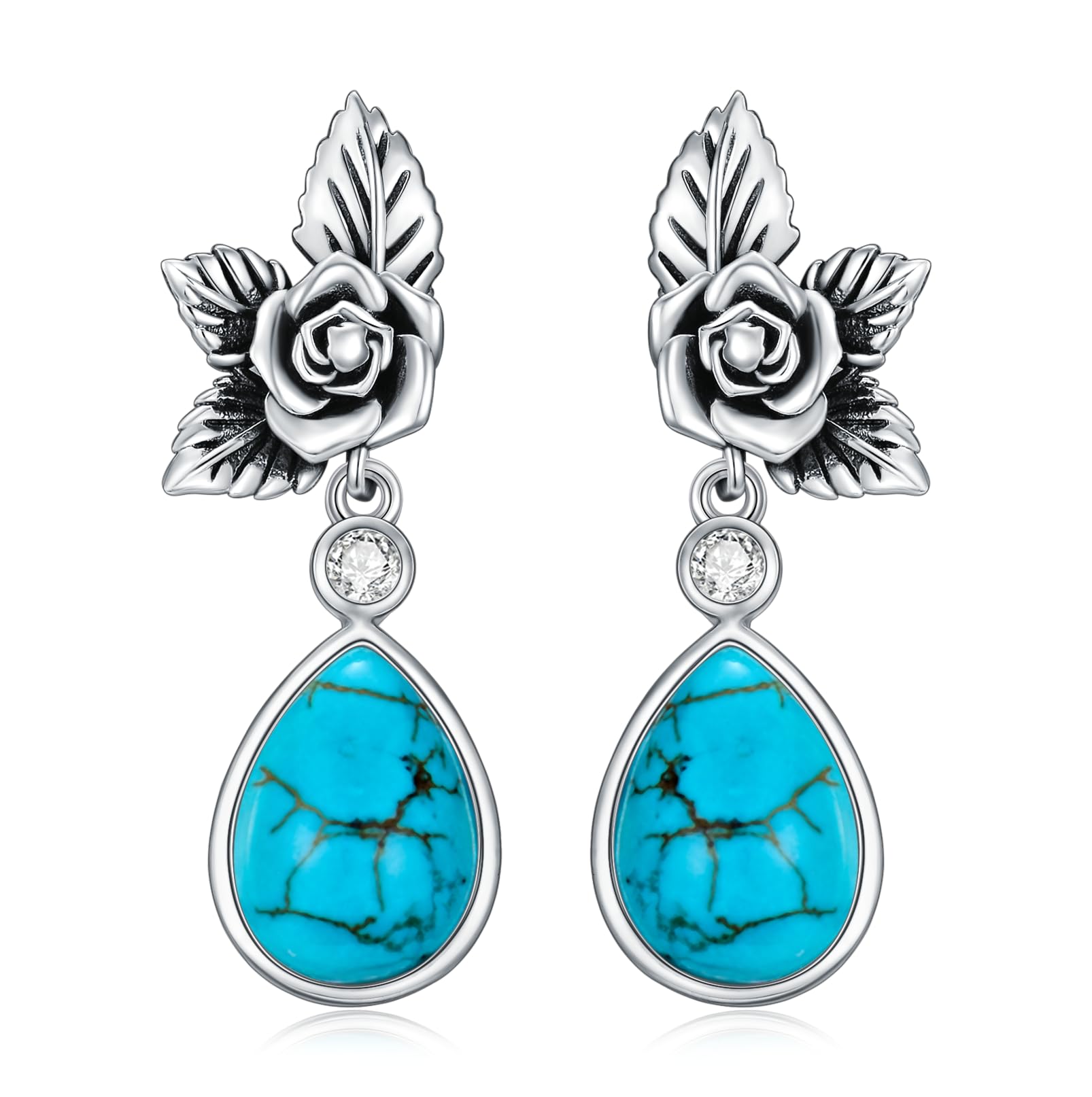 Genuine Turquoise Rose Earrings for Women, Sterling Silver Vintage Native American Western Jewelry Teardrop Earrings Birthday Gift