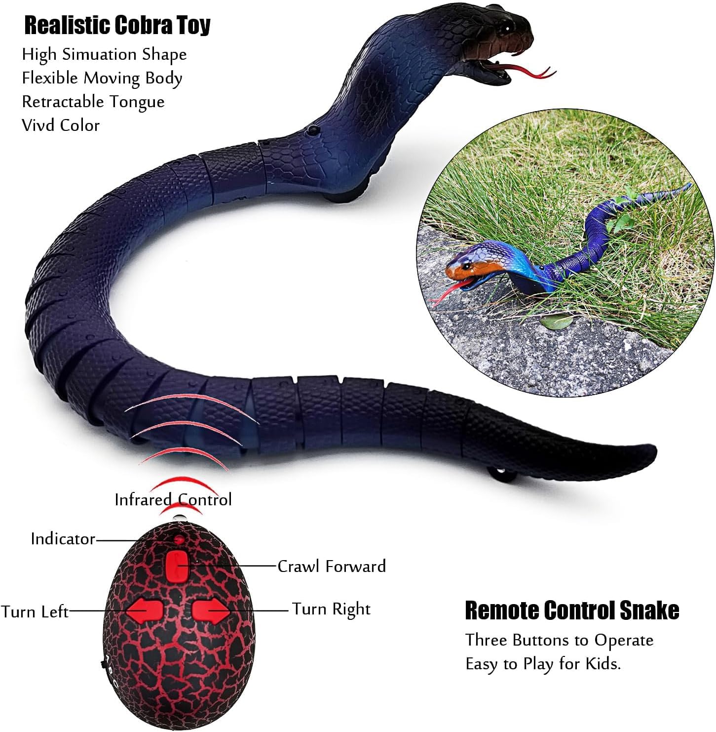 TOYVELLY Realistic Remote Control Snake Toy – RC Cobra Toy for Kids 17-inch Rechargeable Crawling Snake with Fast Moving Egg-Shaped Infrared Controller, Retractable Tongue & Swinging Tail (Blue) 1