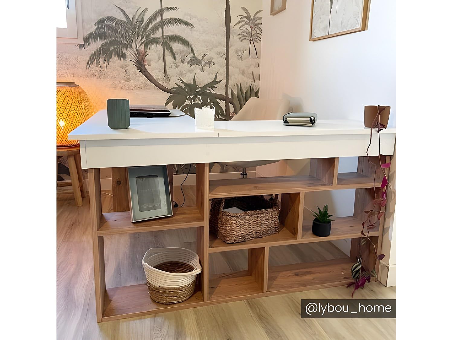Vente-unique - Escritorio de Esquina con Almacenamiento - Color: Blanco y Natural - LILEUL