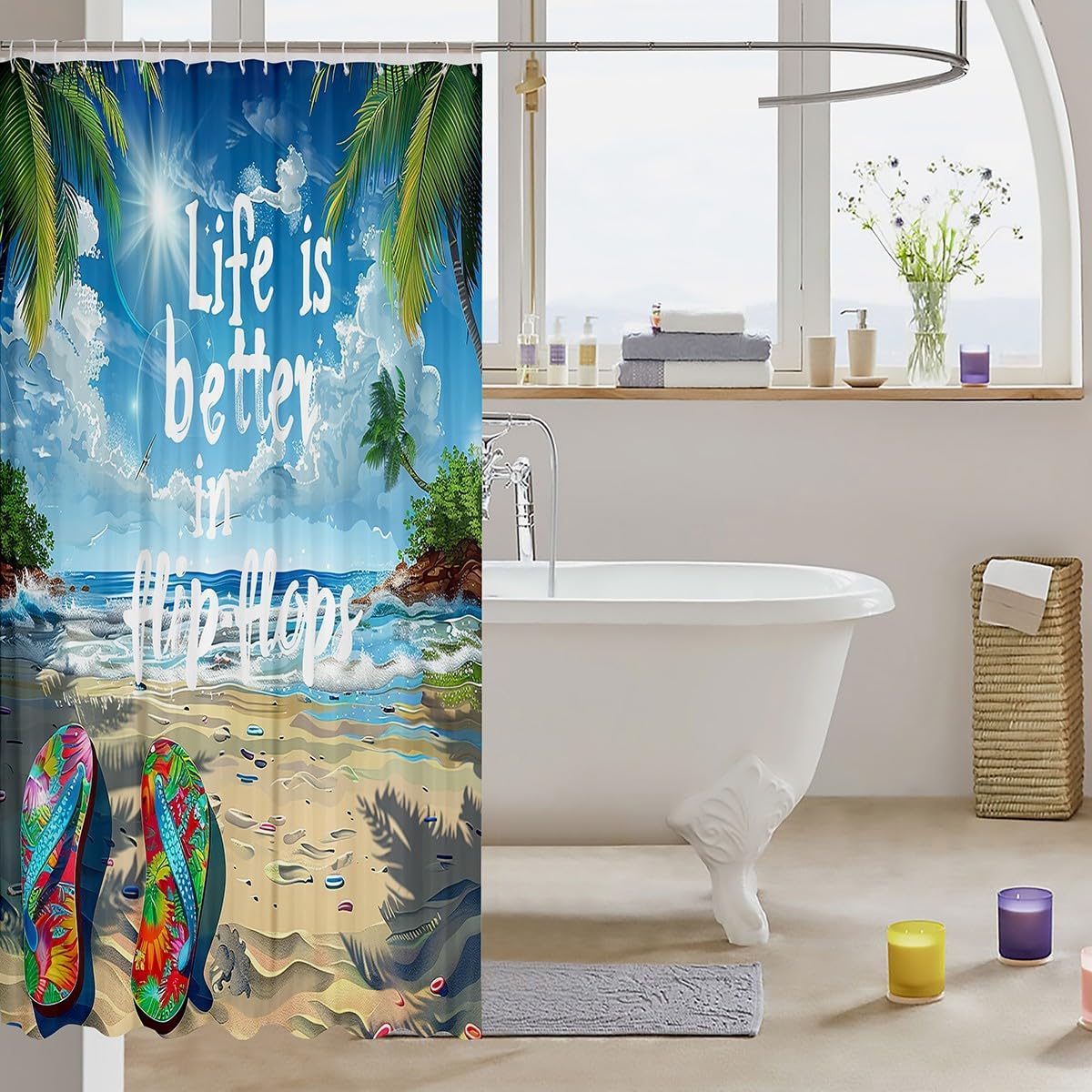 Beach Decor Shower Curtain Ocean Holiday Bathroom Curtain Kids Boys Girls Teens Cabin Lake Camping Ourdoor Style Waterproof Curtain Romantic Summer Sunshine Palm Bath Curtain,12 Hooks,72"Wx84"L