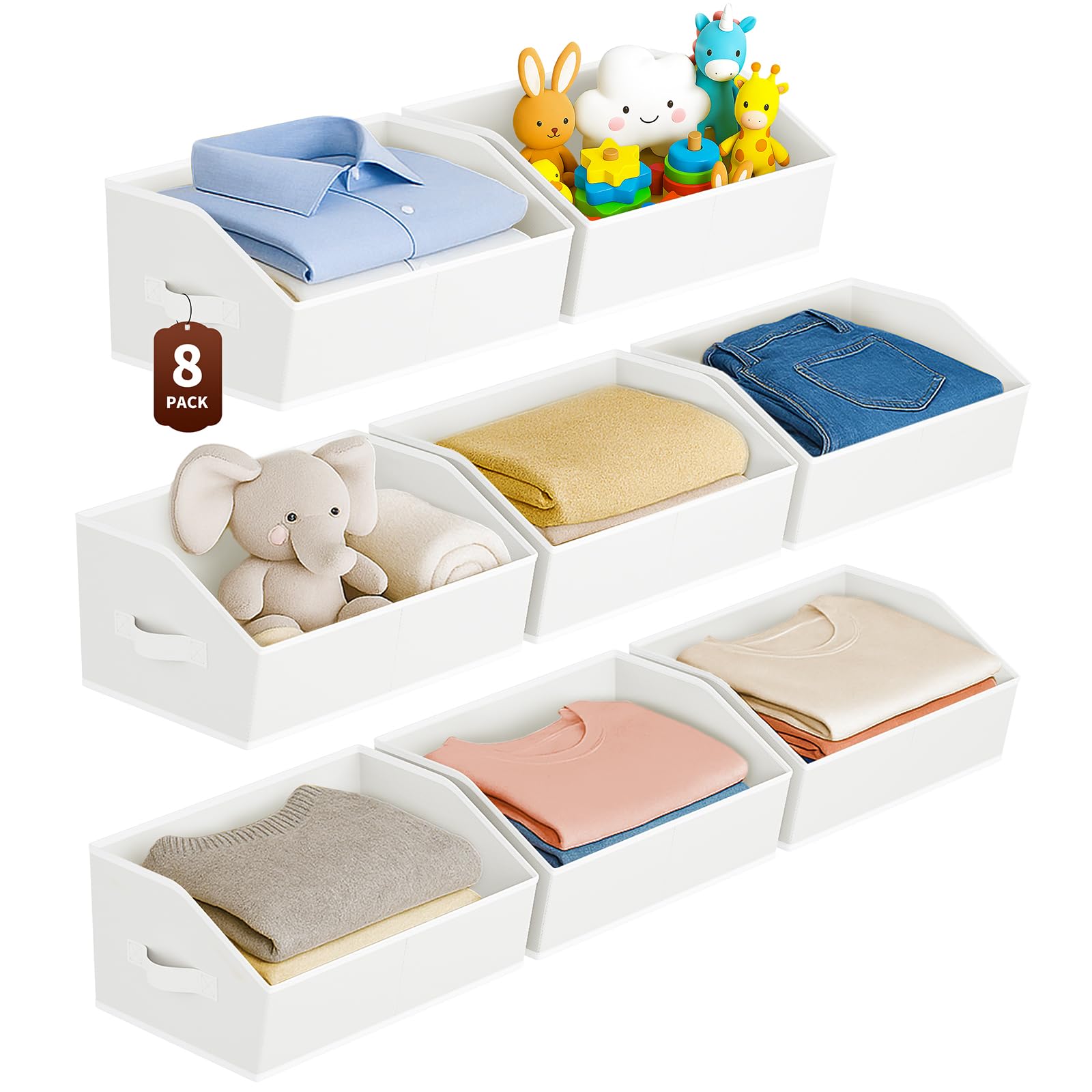 Large Closet Organizers and Storage Bins - 8 Pack Trapezoid Storage Baskets for Shelves, Foldable Fabric Baskets with Handles Ideal for Closet, Basket, Wardrobe and Shelf Storage, Light Grey