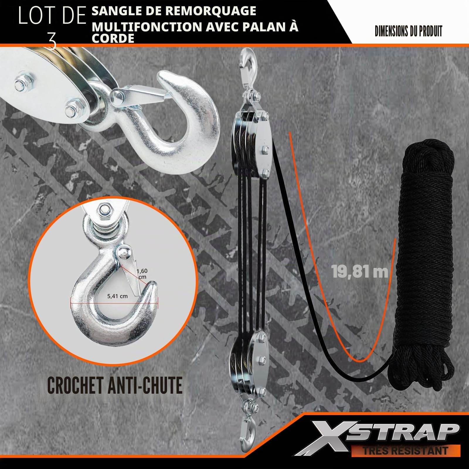 XSTRAP Standard Palan à Corde Robuste, Poids de Rupture de 1 800 kg, 2 Cordes de Levage de 2,5 m, Noir