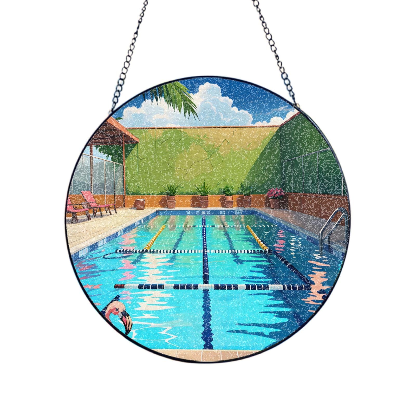 Poezjzw Stained Glass Window Hanging - Flamingo And Swimming Pool Sun Catcher For Door Garden Home Decor Christmas Mother'S Day Birthday Gifts 4in（10cm）