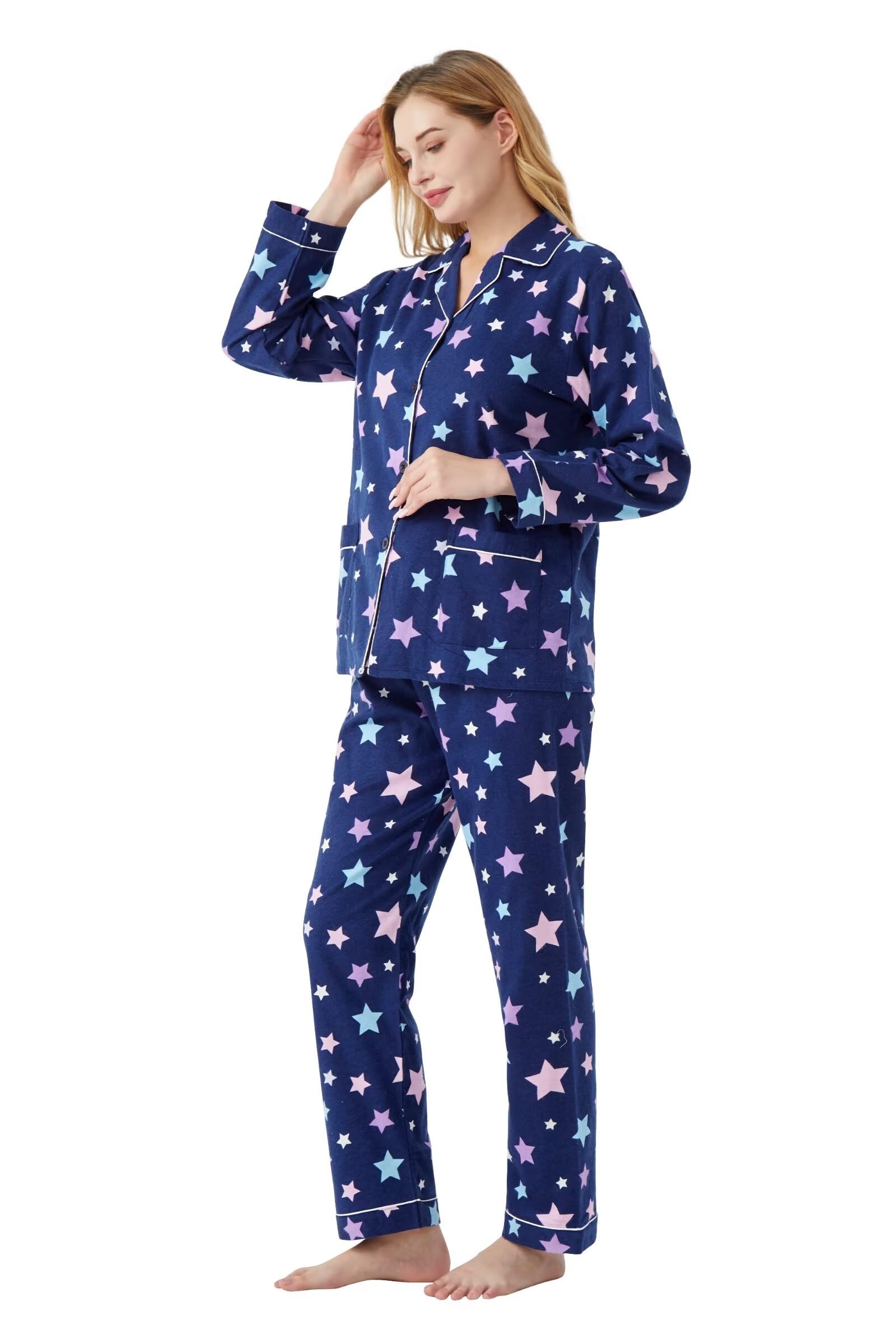 Pyjama en Flanelle de Coton pour Femme 100% Coton - Pyjama Doux et Confortable pour Femme Étoile Colorée M