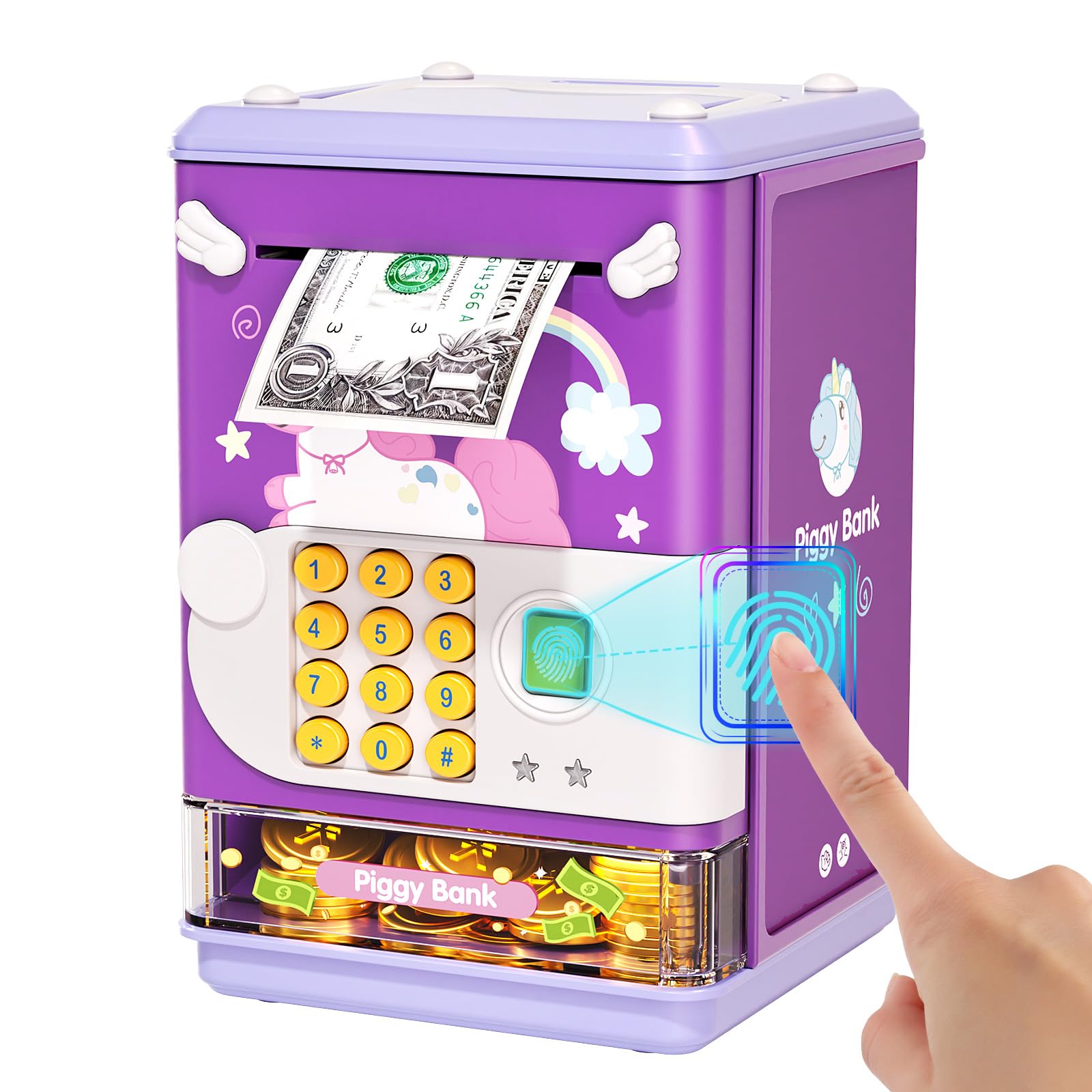Piggy Bank Toy Electronic Mini ATM Savings Machine with Personal Password & Fingerprint Unlocking Simulation - Music Box with Songs for Kids, Boys and Girls Age 3-8 Years (Purple)