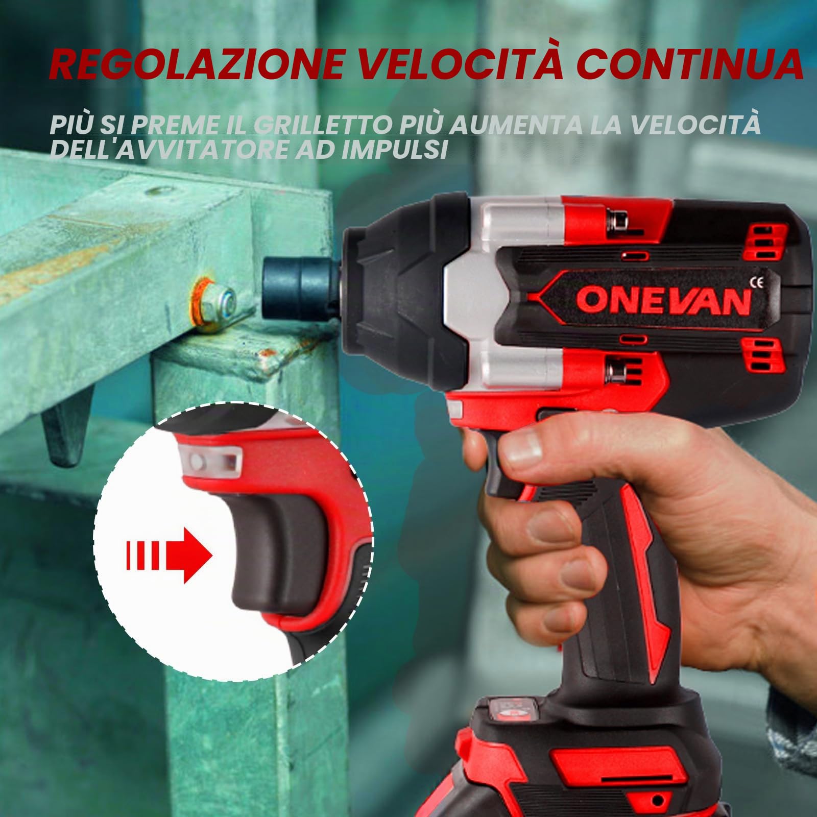 ONEVAN Avvitatore a Percussione Senza Fili 1000 Nm con 2 Batterie 4,0 Ah, Senza Spazzole 1/2" per Auto, Cantiere e Montaggio Pesante (Rosso)
