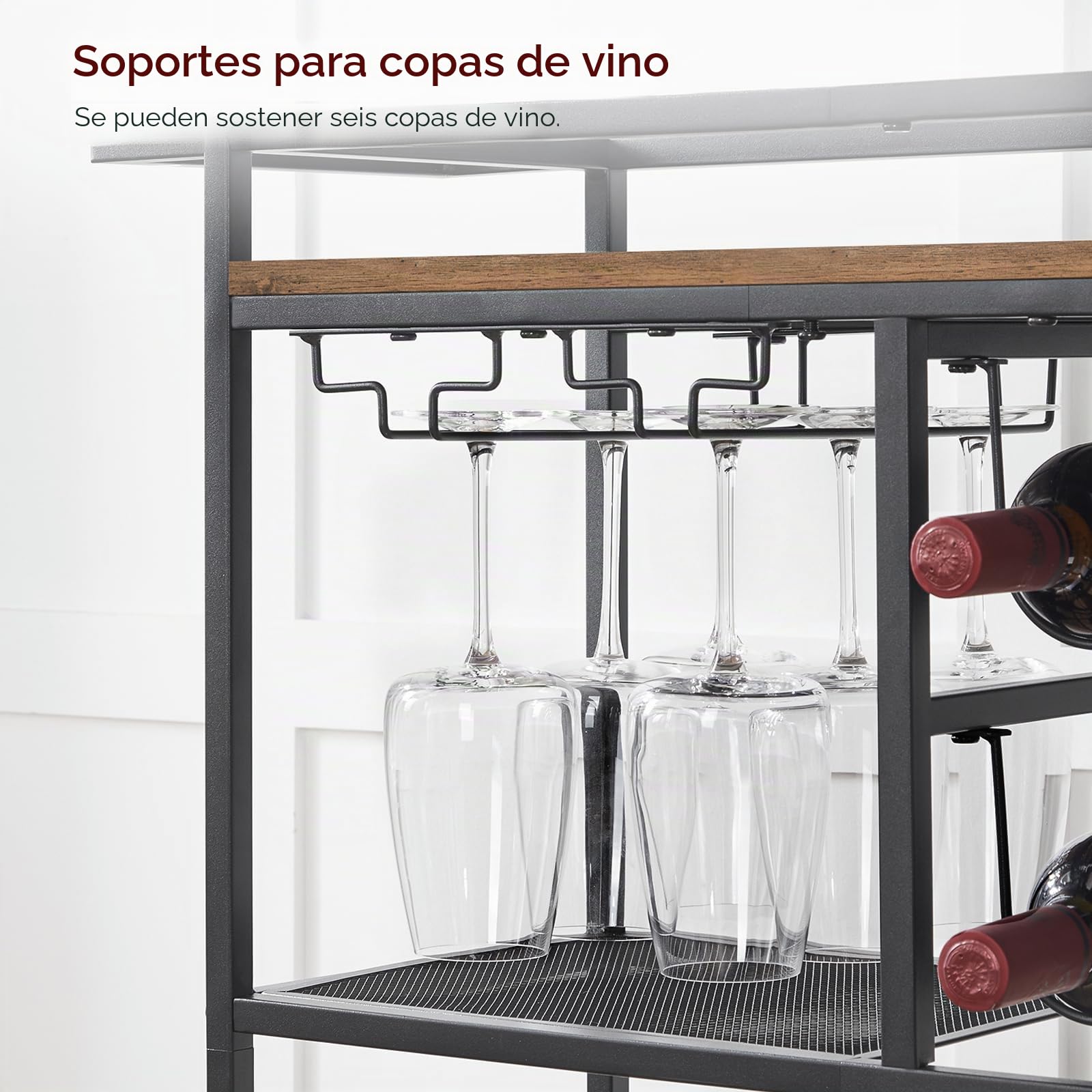 MAHANCRIS Carro de Bar para el Hogar, Carrito de Servicio de 3 Pisos con Ruedas y Asa, Carro de Bebidas con Botellero y Portavasos, Carrito para Cocina, Comedor, Marrón Vintage ARCHR6101