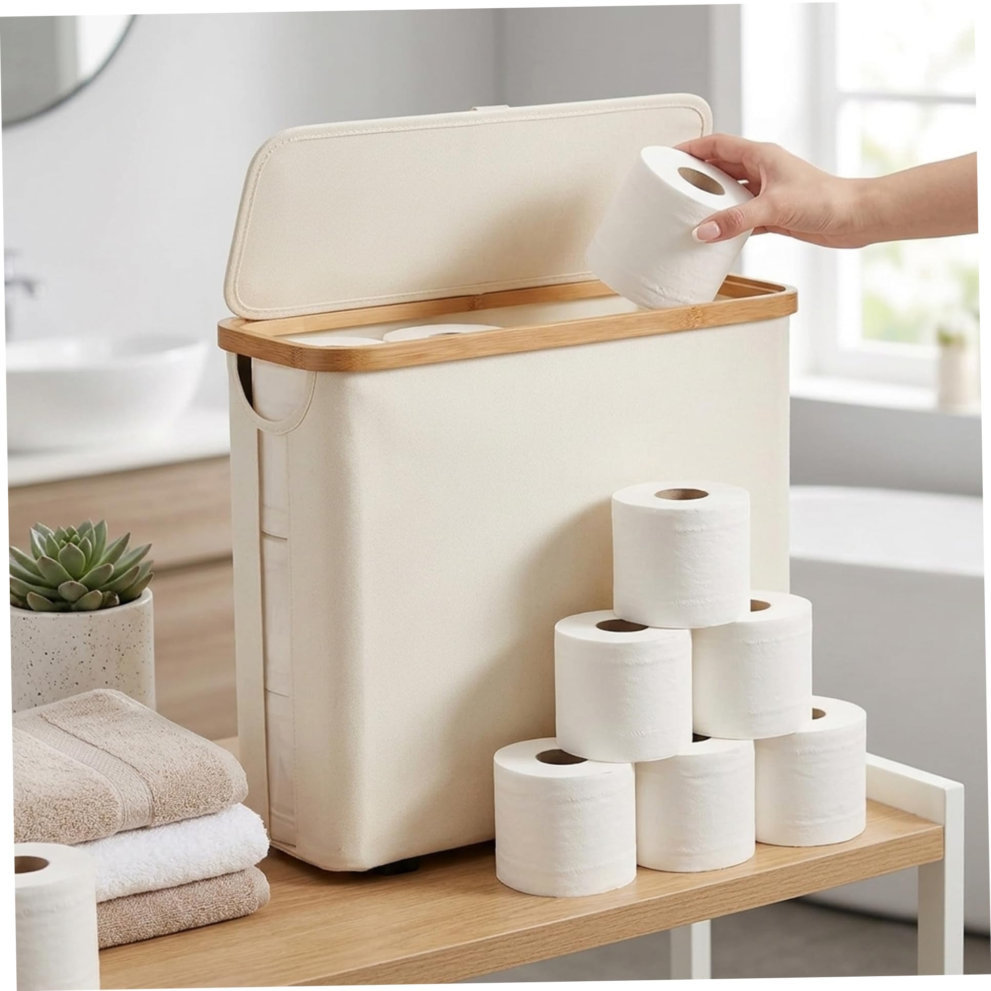 Almacenamiento de papel higiénico, cesta apilable de 12 rollos para pañuelos de baño con tapa de bambú, almacenamiento de papel blanco que ahorra espacio para el hogar organizado, cesta de inodoro