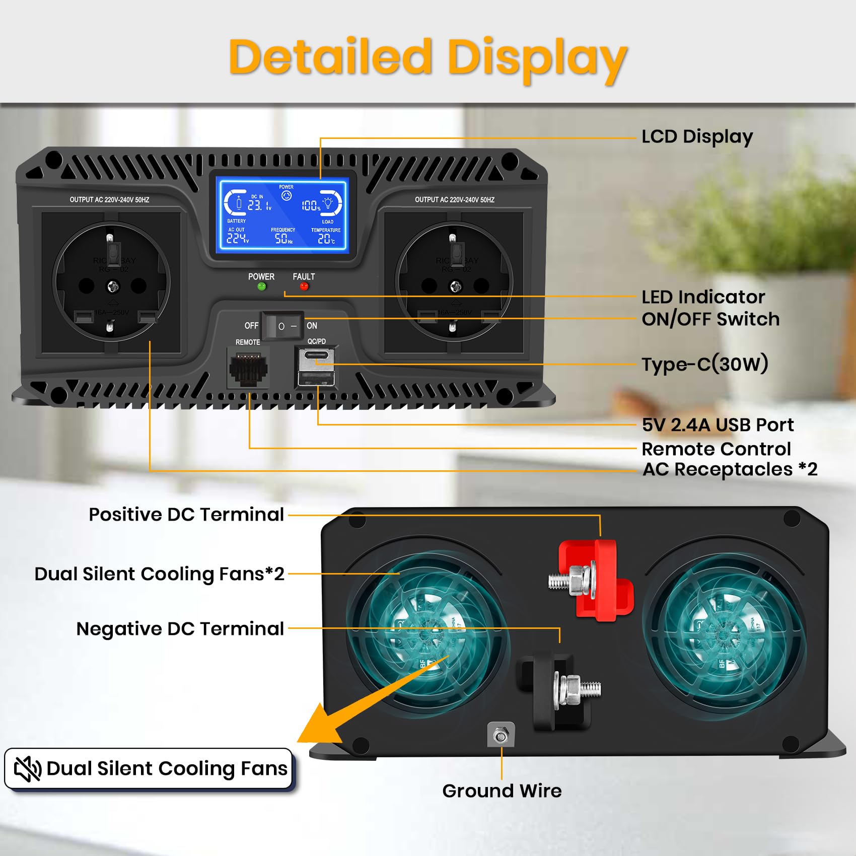Starkbaer 1500W omvormer 24V naar 230V zuivere sinus Spanningsomvormer stroomomvormer Pure Sine Wave Inverter, met LCD afst.bed., 2EU stopcont, USB Type-c, voor auto/caravan/vrachtwagens/camping