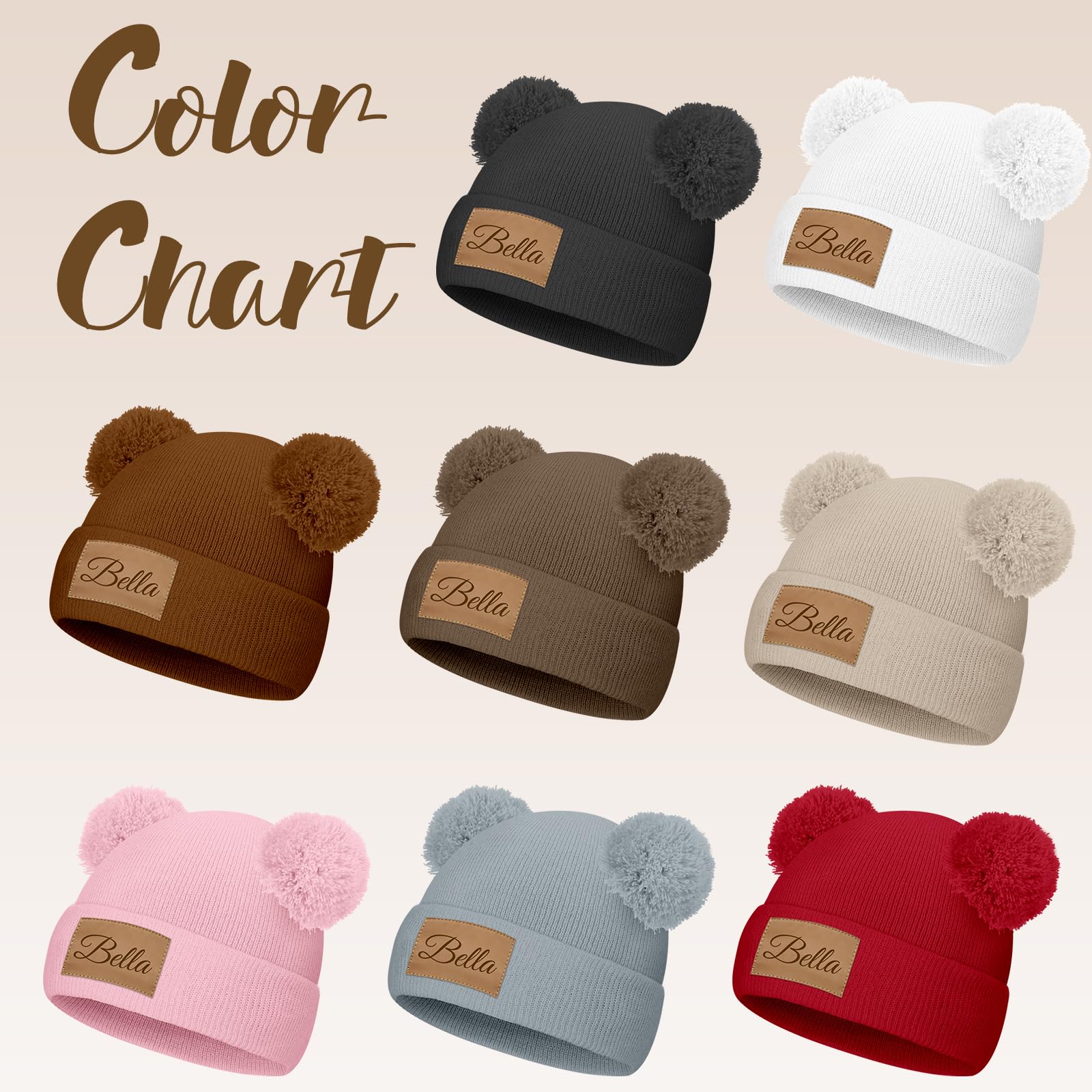 Custom Toddler Infant Beanie Hat Personalized Kids Winter Pom Hats Leather Patch Knit Beanies Warm Cap for Baby Boys Girls Pink