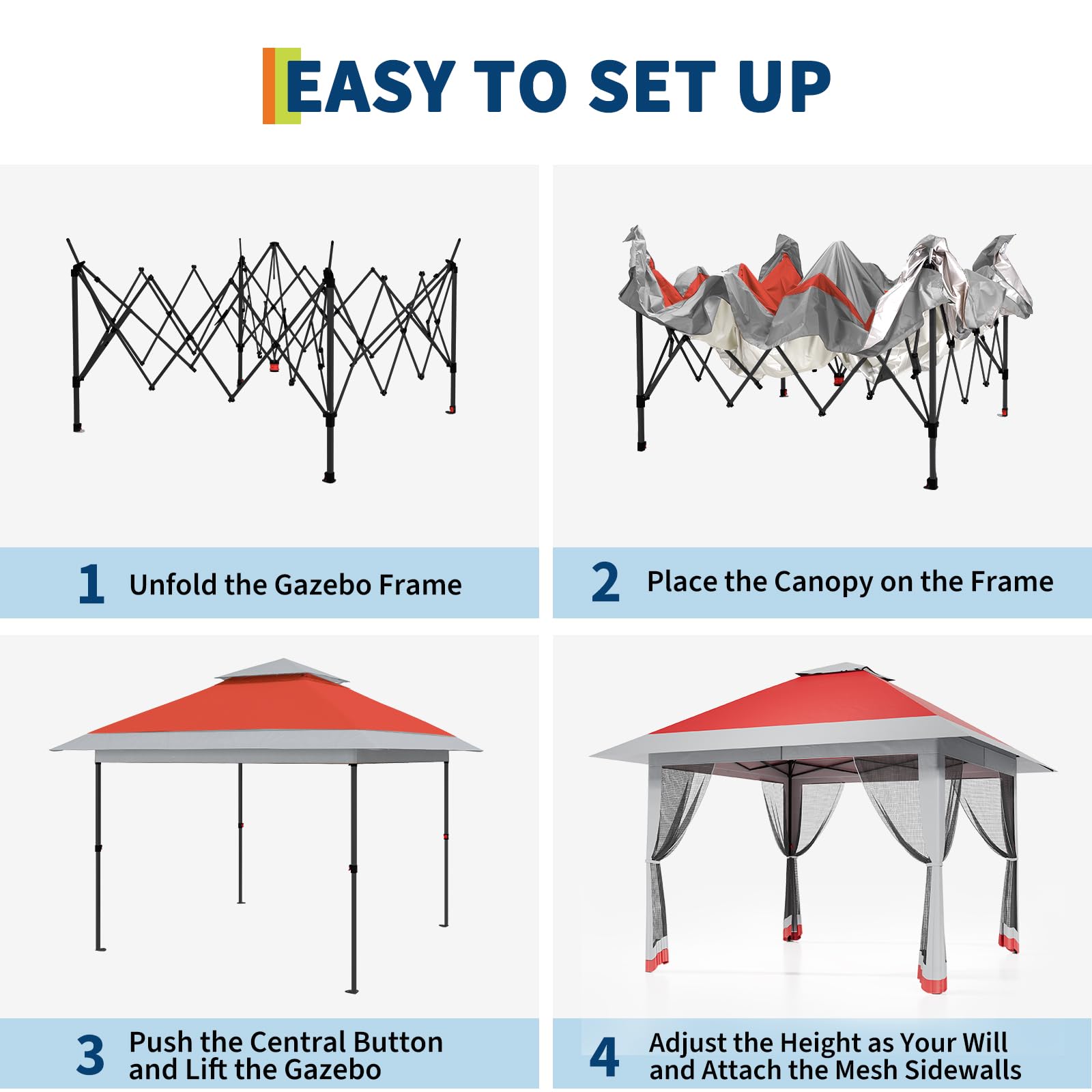 4 x 4 m Pop Up Gazebo, Waterproof Pop Up Tent with 4 Mosquito Net Side Panels, Heavy Duty Gazebo with Carry Bag, 360° Ventilation, Instant Event Shelter for Patio, Garden, Family Parties and Camping - Image 4