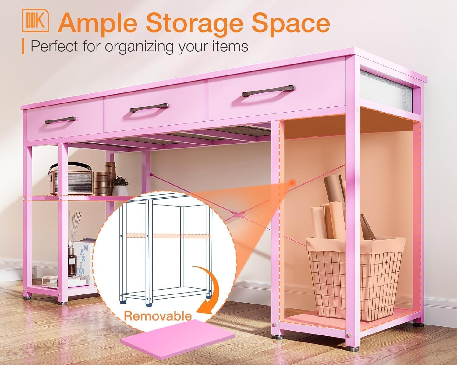 Illustration of the removable shelf feature on the side storage unit, allowing for flexible organization of taller items or a two-tier setup.