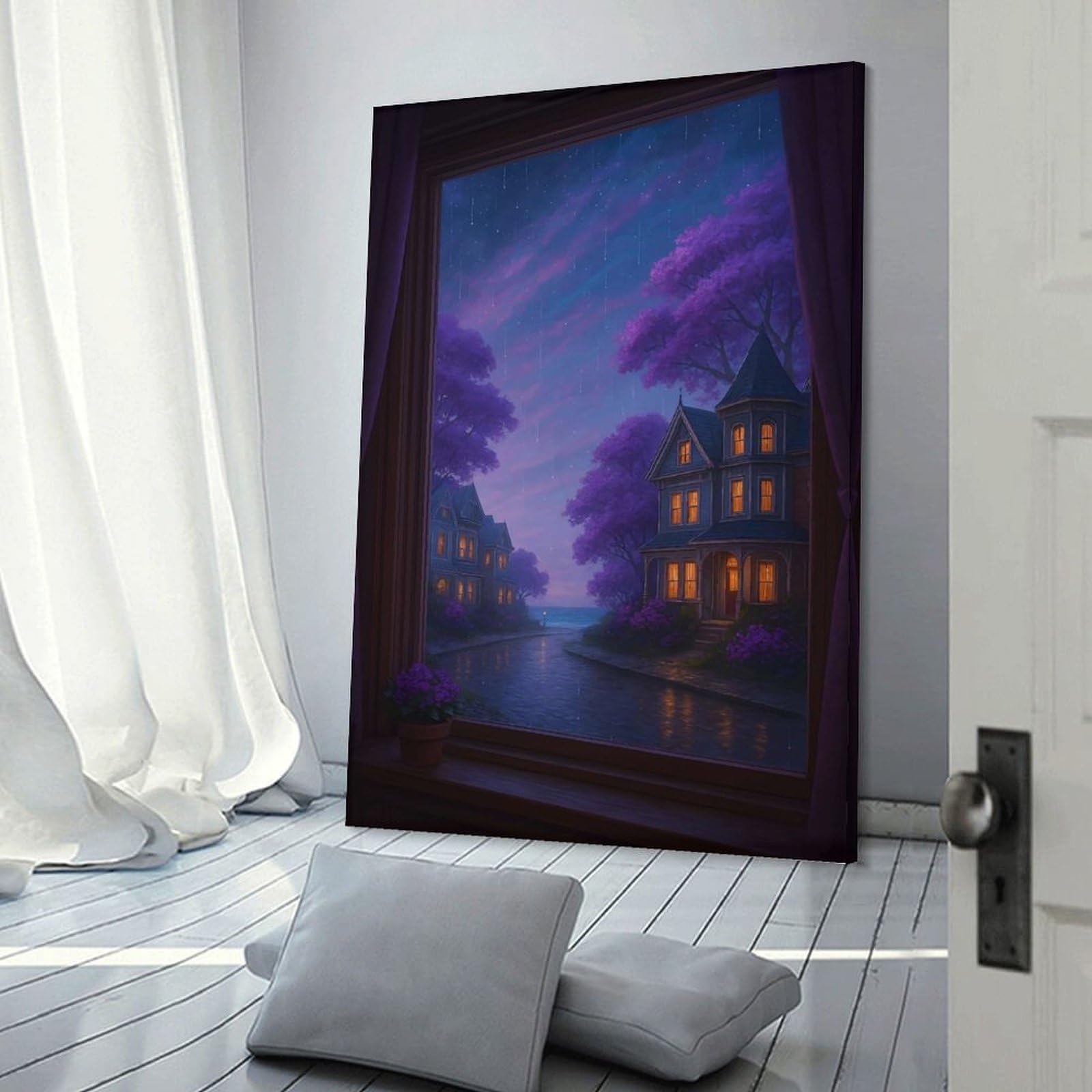 Junmoney Room Decor Wall Art Rainy Night in Purple Hues, 12x18inch(30x45cm), for Workspace Walls, Study Corners Or Bedrooms, A Smart Decor Choice for Study Walls