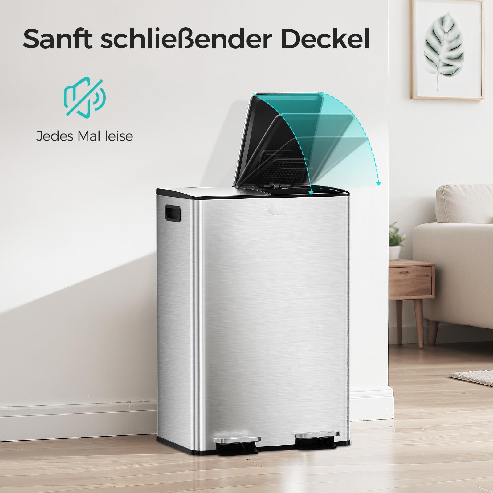 YASHE Mülleimer 2 Fächer mit Deckel, 2x30L Mülleimer Küche, Tretmülleimer Edelstahl mit 20 Müllbeuteln, Herausnehmbaren Inneneimern, Soft-Close