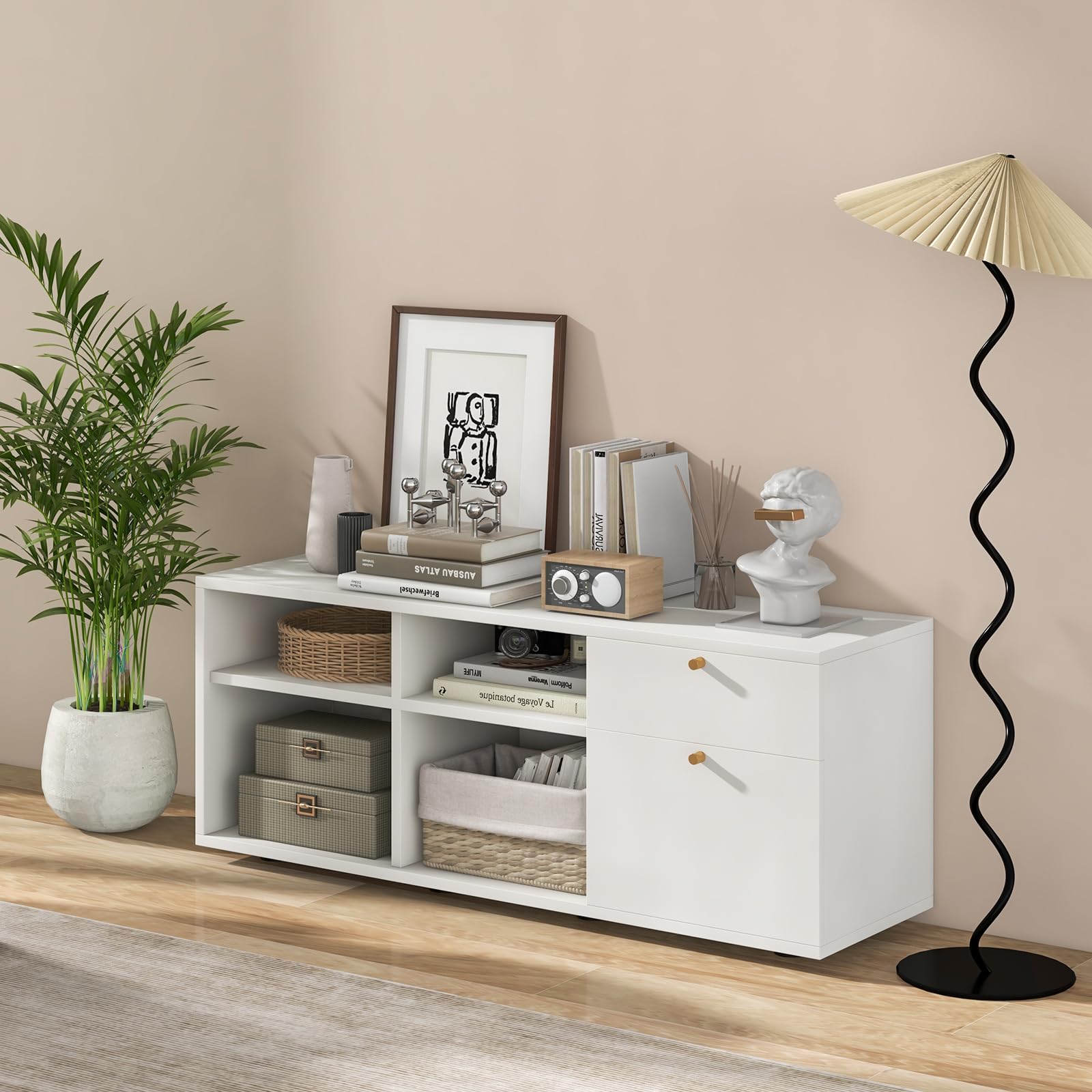 KOMFOTTEU - Armadietto con 4 cubi semi-aperti e 2 cassetti, armadio multifunzionale con piedini regolabili, mobile laterale in legno, 108 x 39 x 50 cm, Bianco