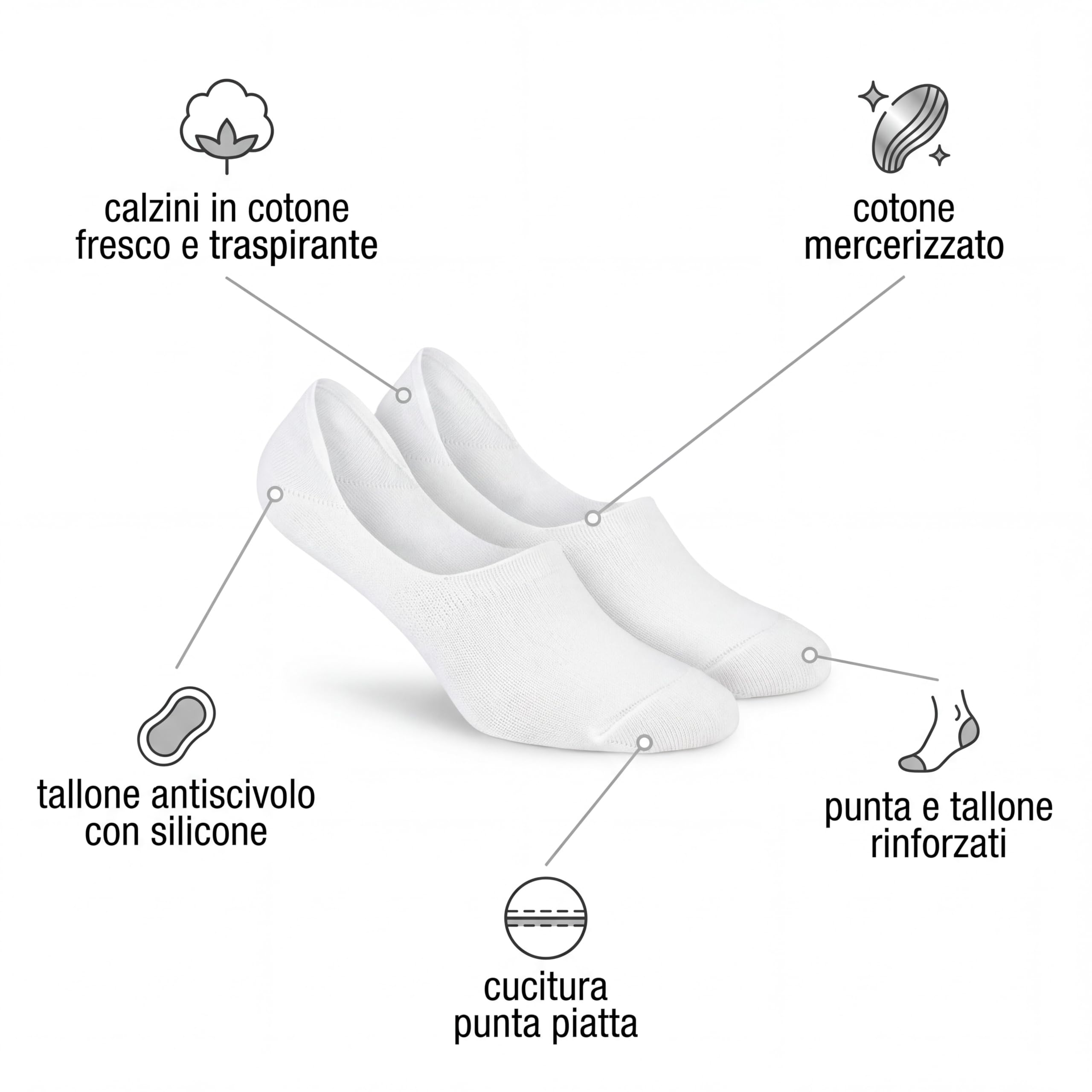 Ciocca Fantasmini calzini in cotone mercerizzato freschi e leggeri - Tallone antiscivolo silicone - Unisex - 6 Paia - due taglie