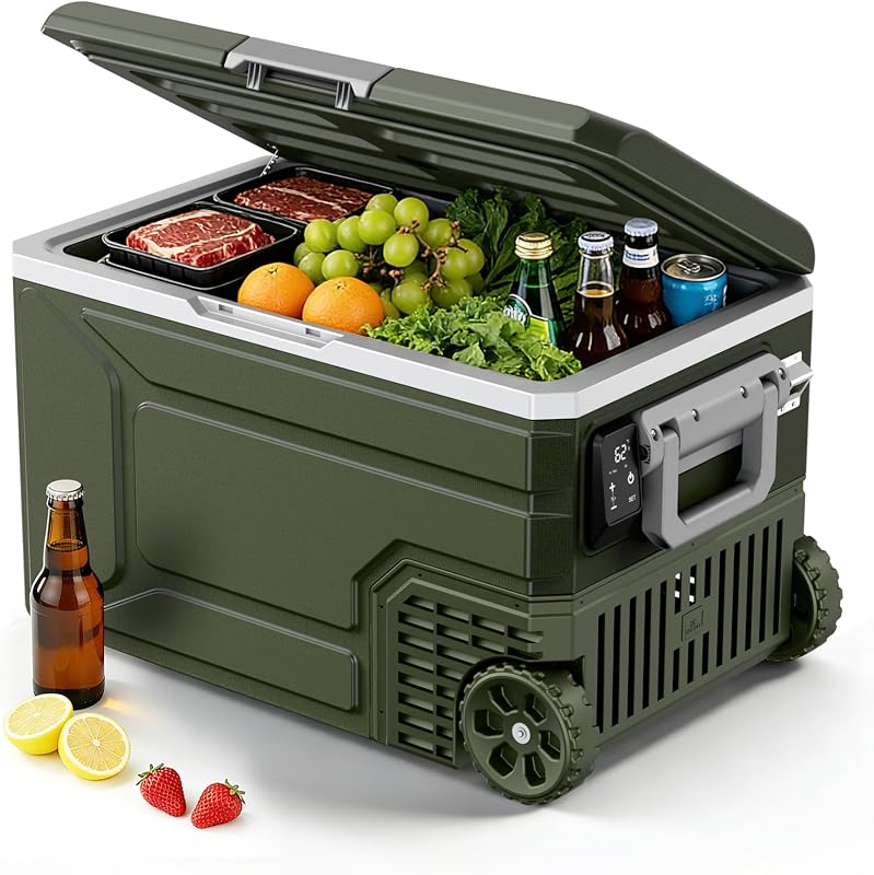 Refrigerador portátil para automóvil de 12 V, 68 cuartos (64 L), verde | Enfriador eléctrico, doble voltaje 12 V/24 V CC, -4 °F a 68 °F, congelador para auto con ruedas, camión, RV, camping, hogar, viajes por carretera