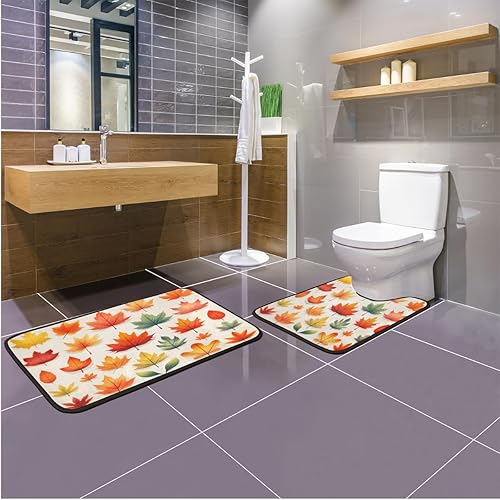 Miniatura 7 de Pardick 2 Pieces Bath Mat Set, Colorful Maple Leaves Bath Mat U-Shaped Toilet Rug Bathroom Mat Set with Bath Rug Mat, Artistic Maple Leaves Mat for