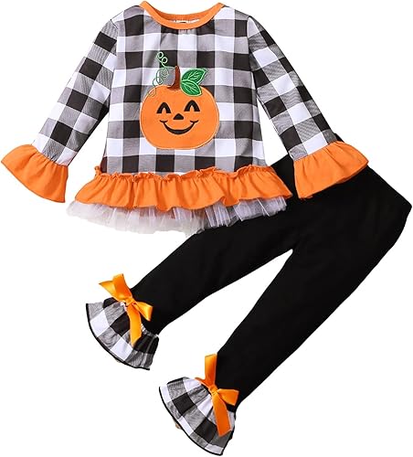 Conjunto de ropa de Halloween para niña pequeña de 1 a 6T, camisetas de calabaza a cuadros, camisetas sin botones, camisetas y pantalones