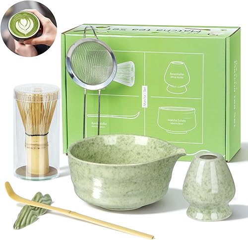 Juego de batidor de matcha juego de matcha japonés con cuenco de cerámica, tamiz y soporte de matcha, cuchara de bambú, soporte para cucharada,