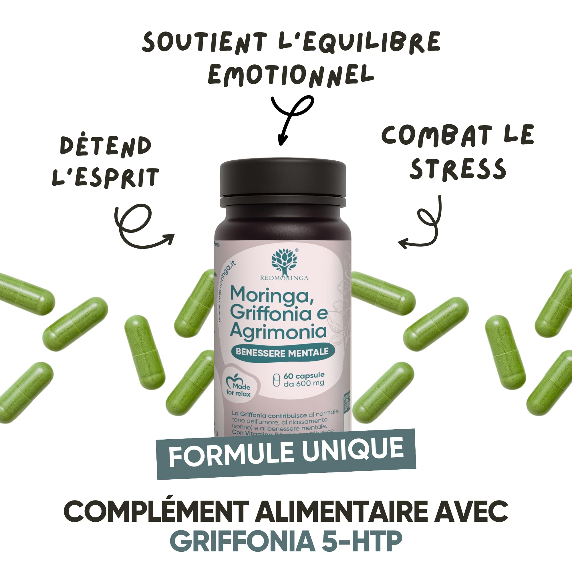 Griffonia 300mg 5-HTP Tryptophane | Avec Agrimony fleur de bach stress anxiété, Vit B6, Moringa BIO | Unique en France | Complément stress anxiété angoisse, BienÊtre Mental | RedMoringa 180 Gélules