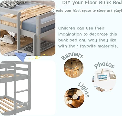 Miniatura 6 de Harper & Bright Designs Literas bajas de madera individual sobre individual, marco de litera con escalera de barandilla de seguridad para dormitorio