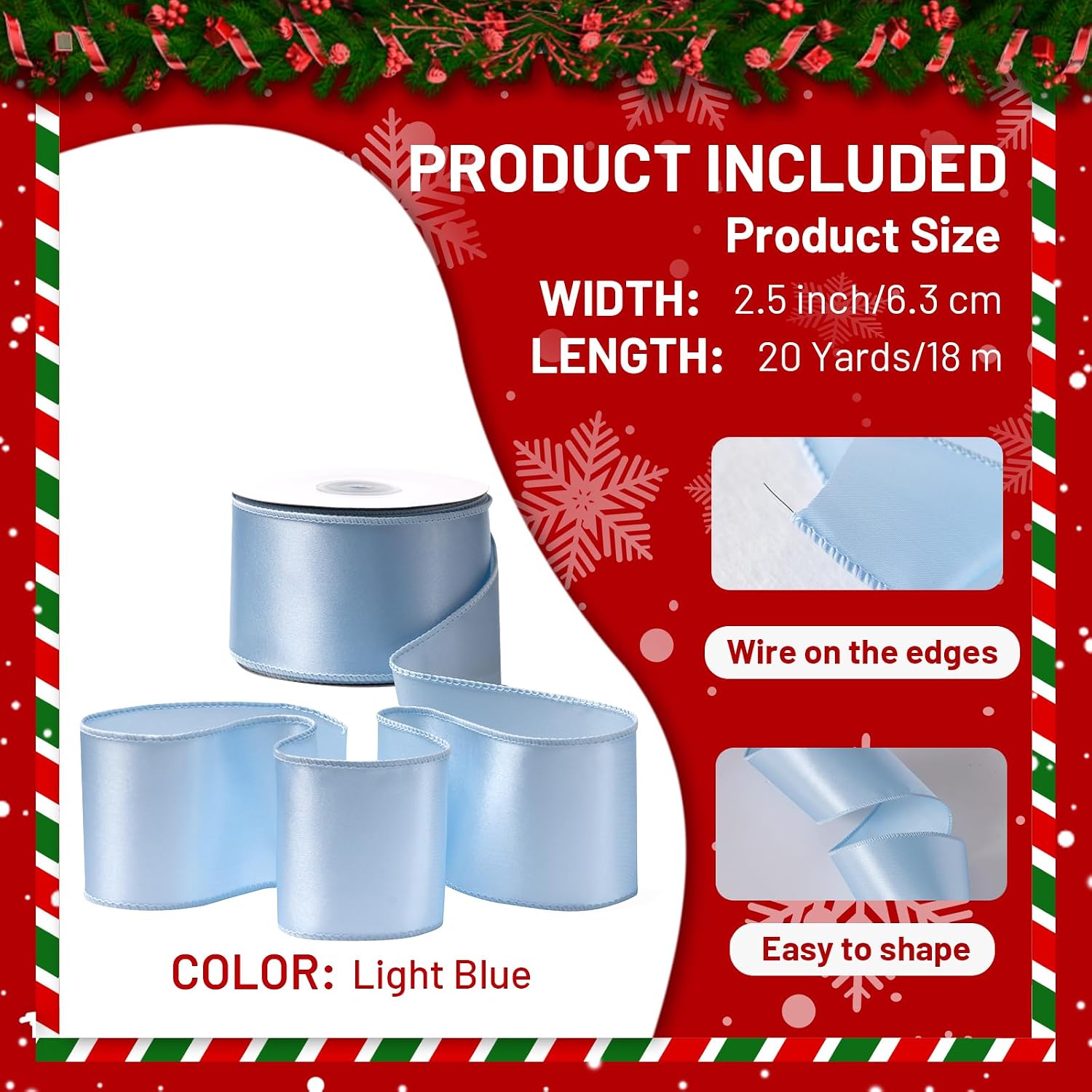 Light Blue Satin Wired Ribbon 2.5 Inch X 20 Yards Light Blue Wired Ribbon for Gift Wrapping Christmas Tree Decoration Bows Making Wreath DIY Crafts Wedding Decor and Home Decor