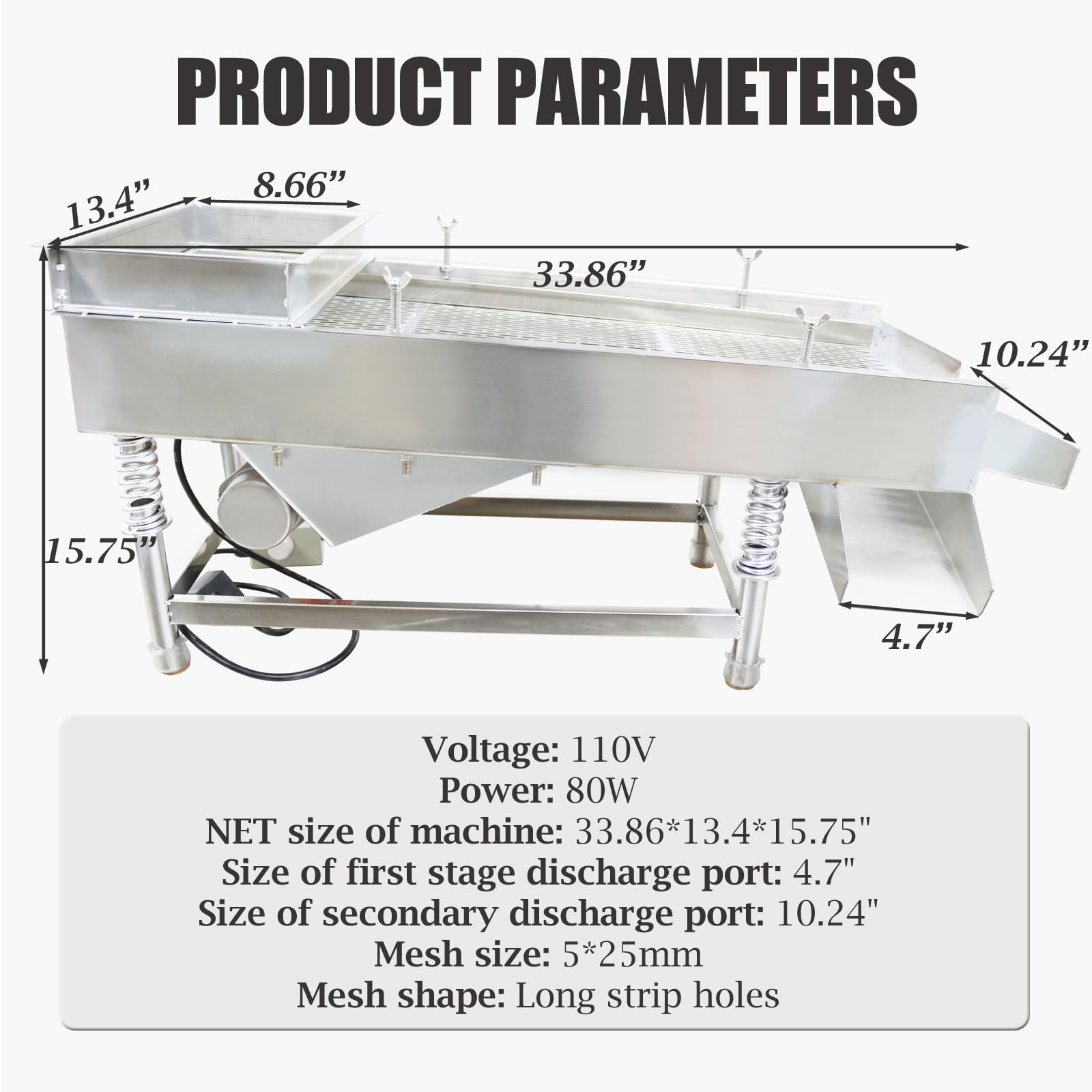 WYDDDARY Stainless Steel Linear Vibrating Screen Electric Linear Sifter Machine Straight Vibrating Sieve Shaker with 5 * 25mm Long Strip Holes Screen 110V 80W