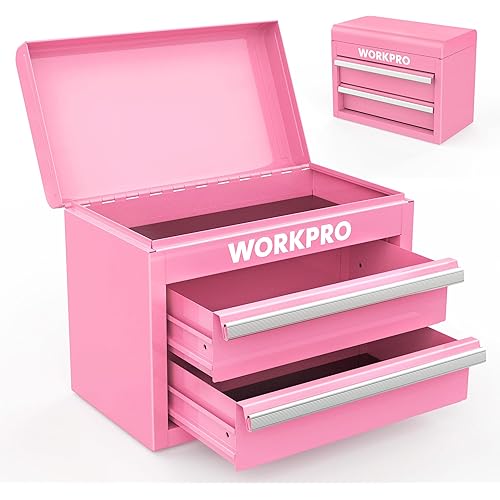 WORKPRO Mini Metal Tool Box with 2 Drawers and Top Storage, Small Tool Chest with PVC Liners and PP Feet Pads, Cold Rolled Steel Toolbox with Magnetic Tab - Pink Ribbon