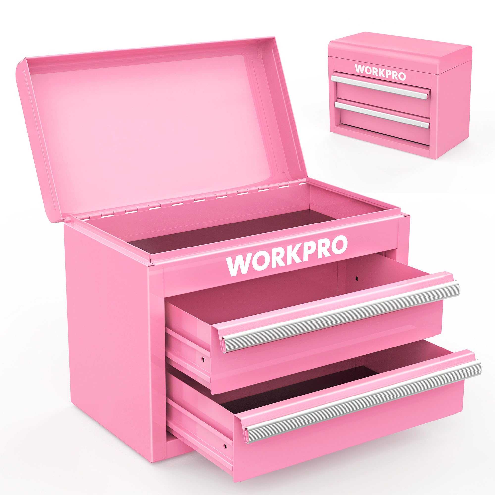 Mini Metal Tool Box with 2 Drawers and Top Storage, Small Tool Chest with PVC Liners and PP Feet Pads, Cold Rolled Steel Toolbox with Magnetic Tab - Pink Ribbon