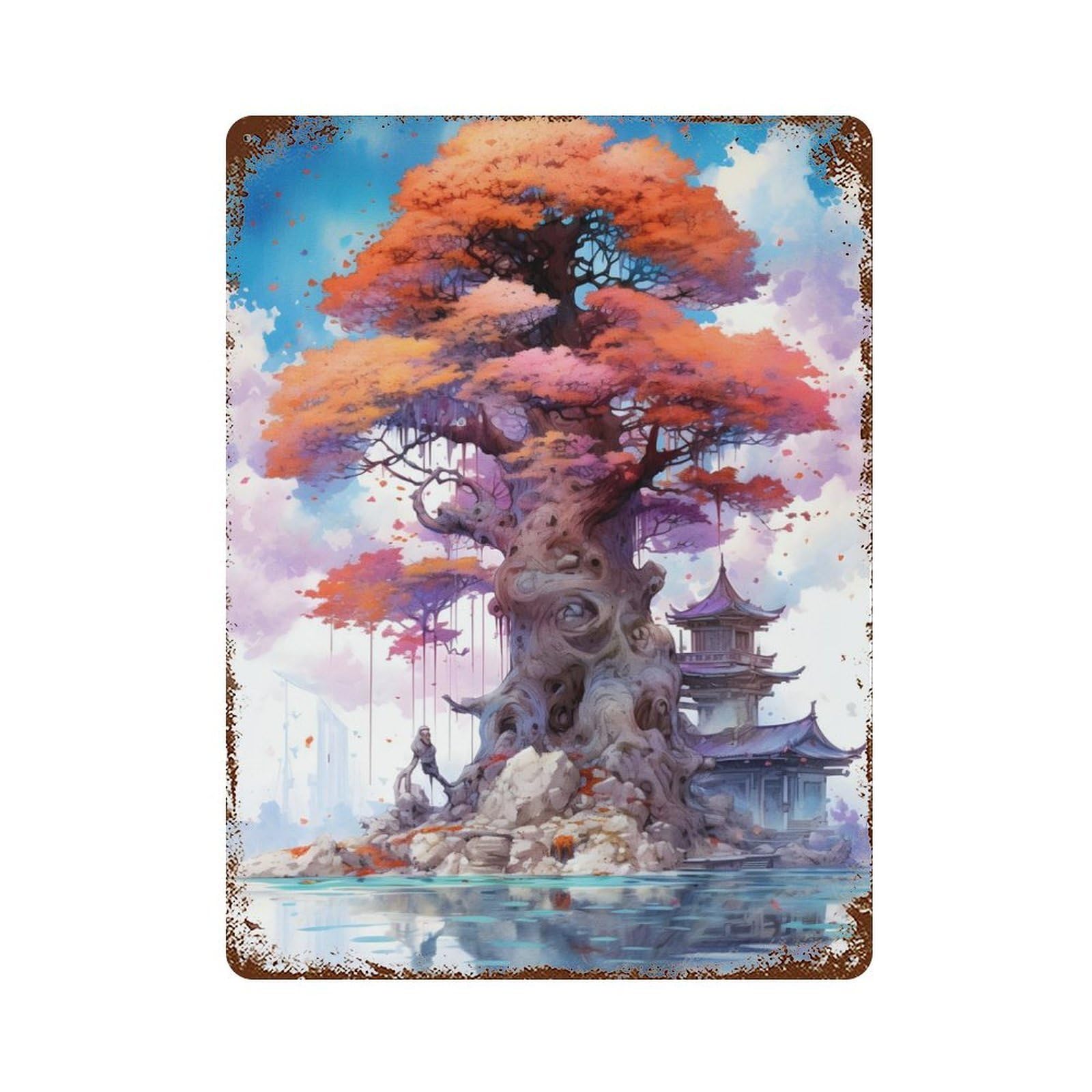 Rust Effect Tin Sign Mystical Big Tree 15.7"x11.8", Vintage Wall Decor for Basement, Hobby Room And Garage Decor