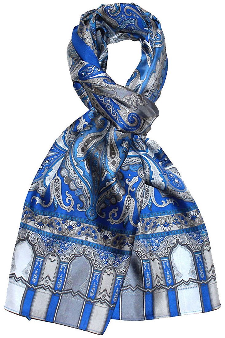 Lorenzo Cana Bufanda de seda con estampado de cachemira, bufanda de 100% seda, 50 x 165 cm, colores armoniosos, pañuelo para mujer, 890651188, Azul Medio Plata Blanco, 50 x 160 cm