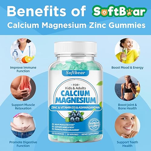 Miniatura 3 de softbear Gomitas de calcio y magnesio y zinc para mujeres, suplemento de calcio y magnesio a base de plantas, calcio de alta absorción de 600 mg con