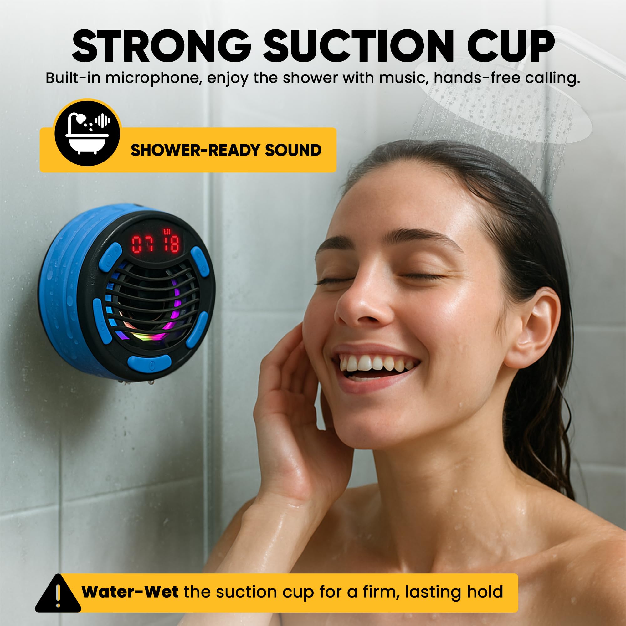 Altoparlante Bluetooth portatile impermeabile con aspirazione, moschettone, supporto per bici, cavo da 2 m, luci LED, TWS, orologio Digi, IP67, 12 ore di riproduzione, suono stereo, doccia