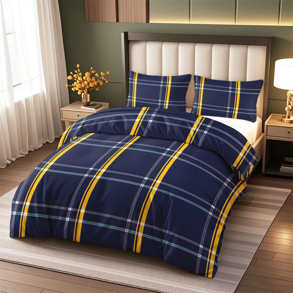 Jaynovex77 Gingham Reversible Double Duvet Cover Sets BeddingBlue 200x200cm — image 1