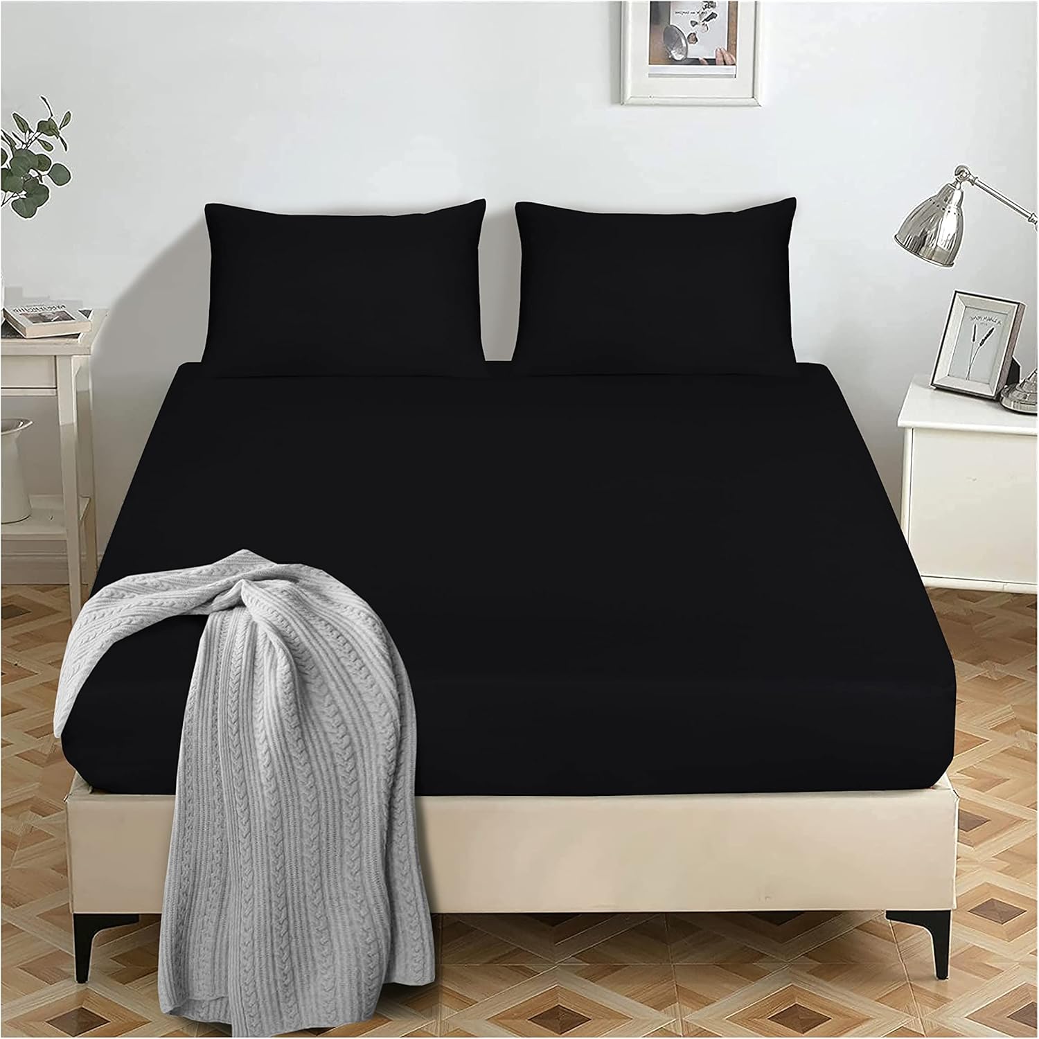 Brushed Microfiber Fitted Sheet Single Black Deep pocket 25 CM (9.8