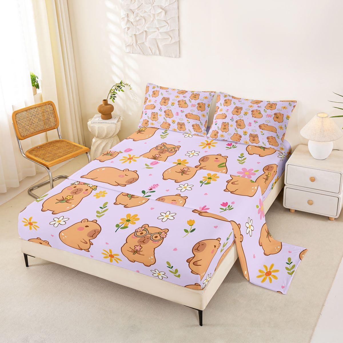 Homewish uroczy capybara zestaw pościeli podwójna kreskówka kapibara prześcieradła kolorowy kwiatowy zestaw prześcieradeł - kawaii gryzonie zwierzę dopasowane górne prześcieradła 4 sztuki fioletowy